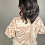 Tan Striped Puff Sleeve Pullover Top Tops- Blouses DOE & RAE