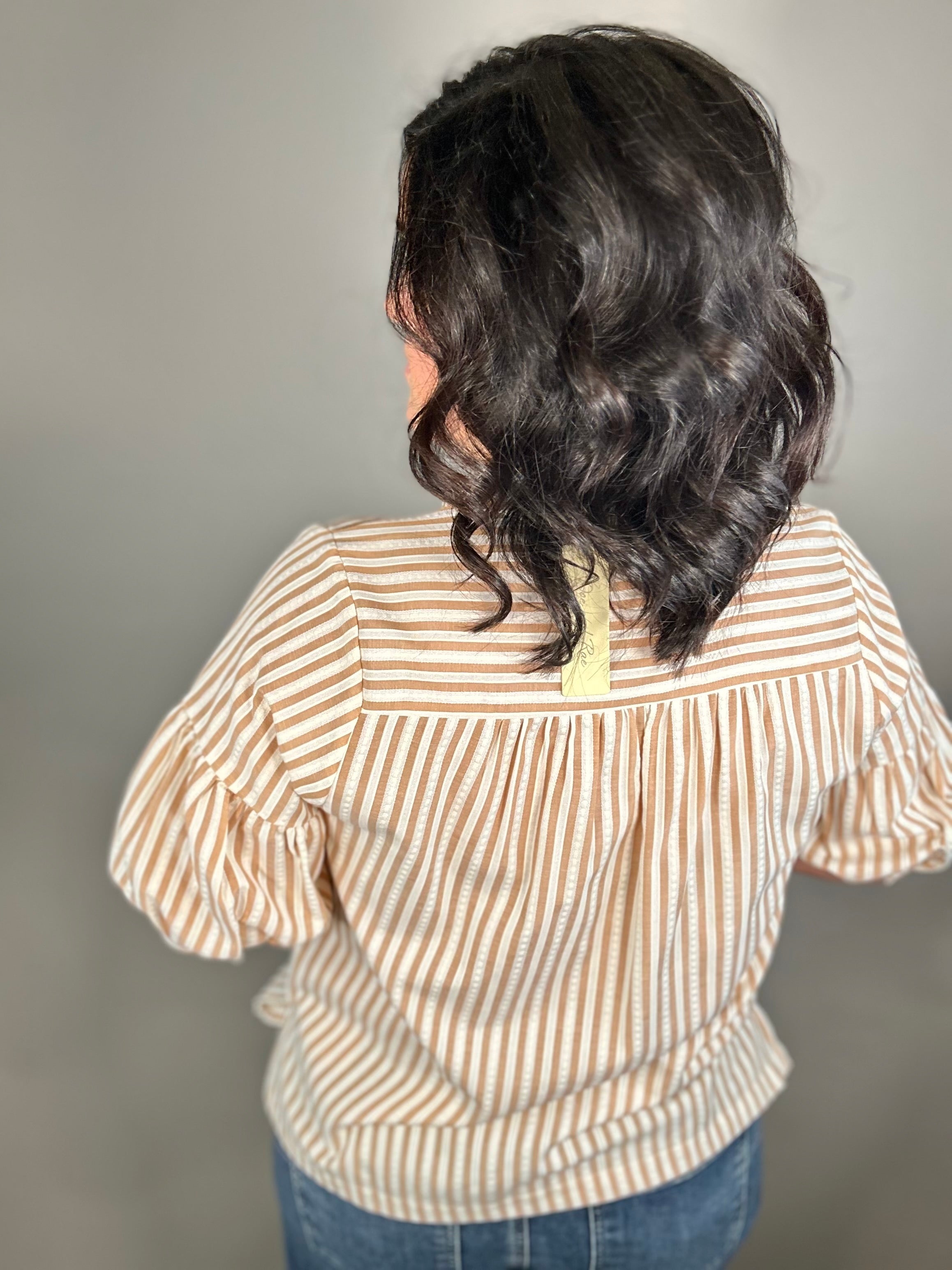 Tan Striped Puff Sleeve Pullover Top Tops- Blouses DOE & RAE