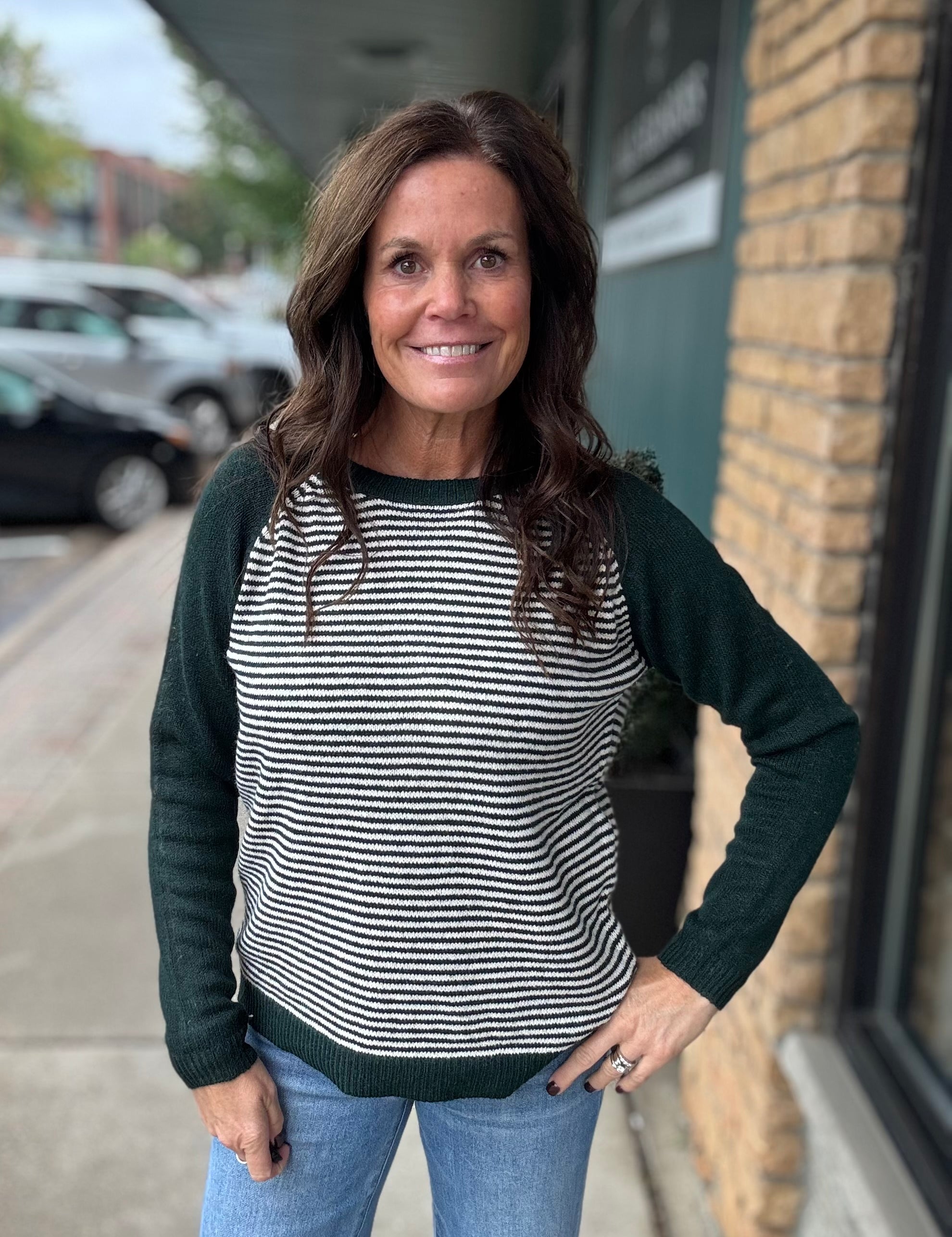 Forest & Taupe Stripe Raglan Crew Sweater Top - Sweater STACCATO
