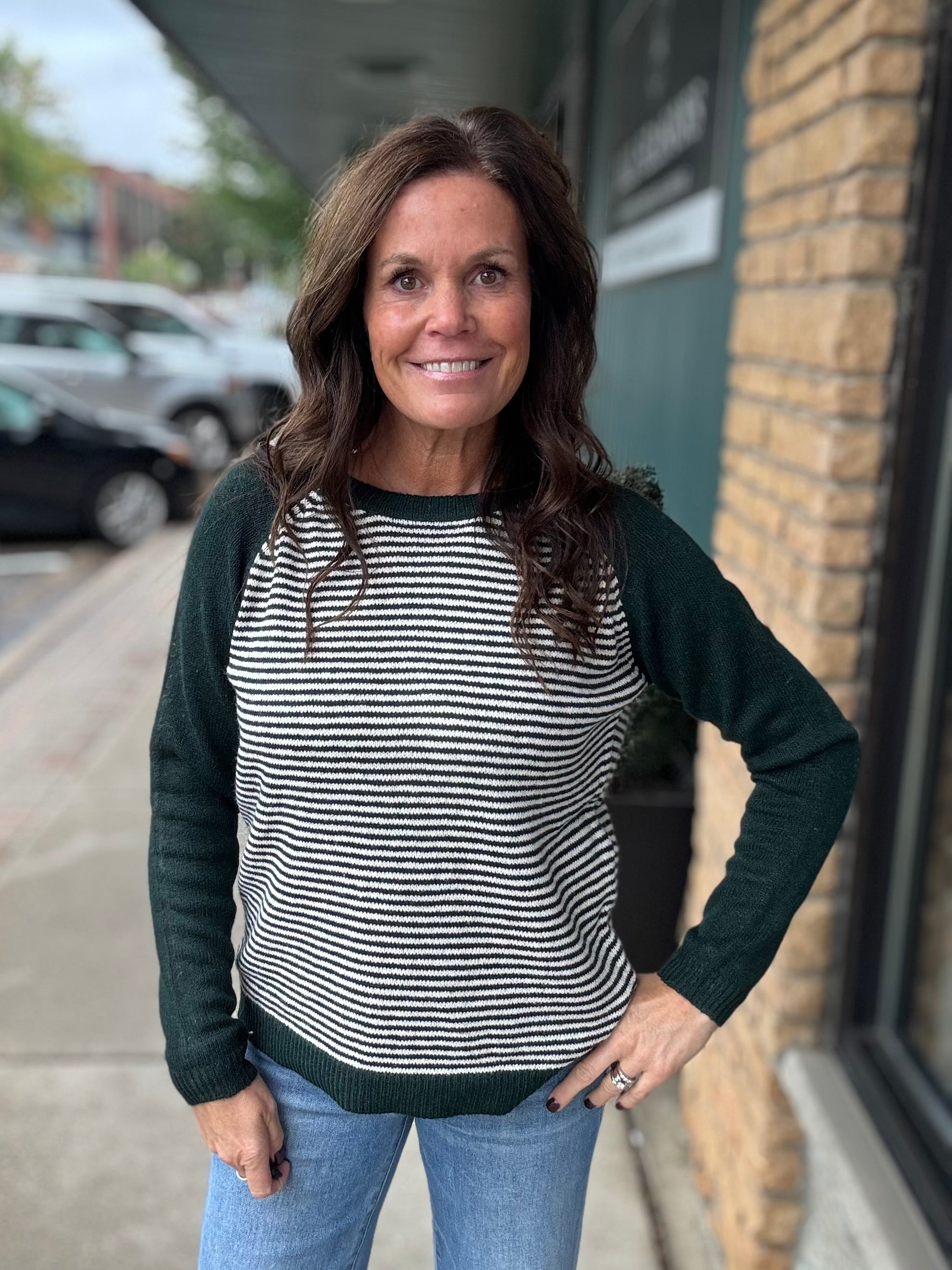 Forest & Taupe Stripe Raglan Crew Sweater Top - Sweater STACCATO