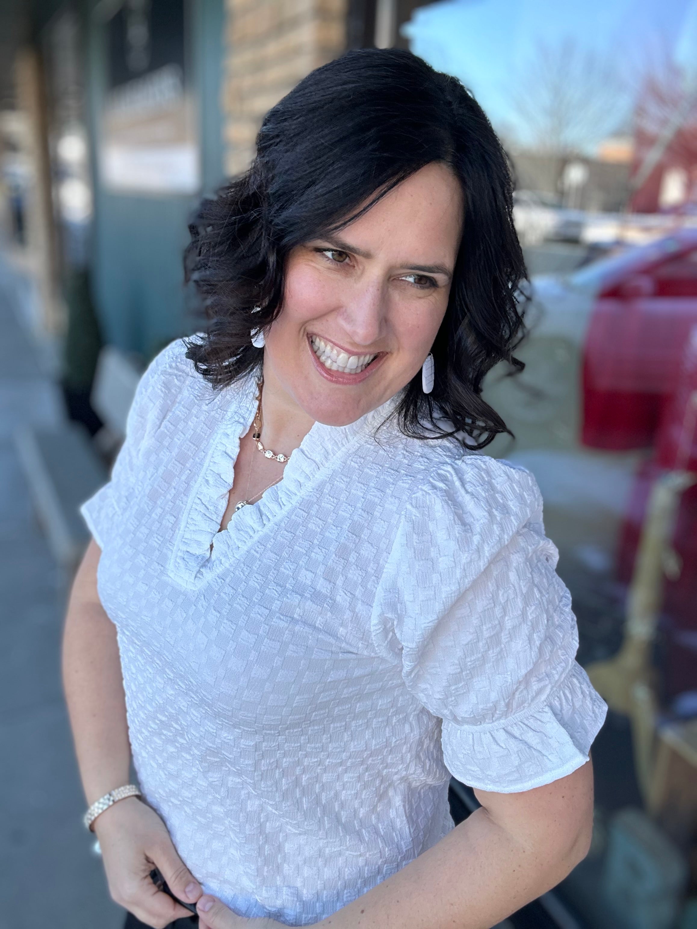 Off White Frilled V Neck Blouse Tops- Blouses STACCATO