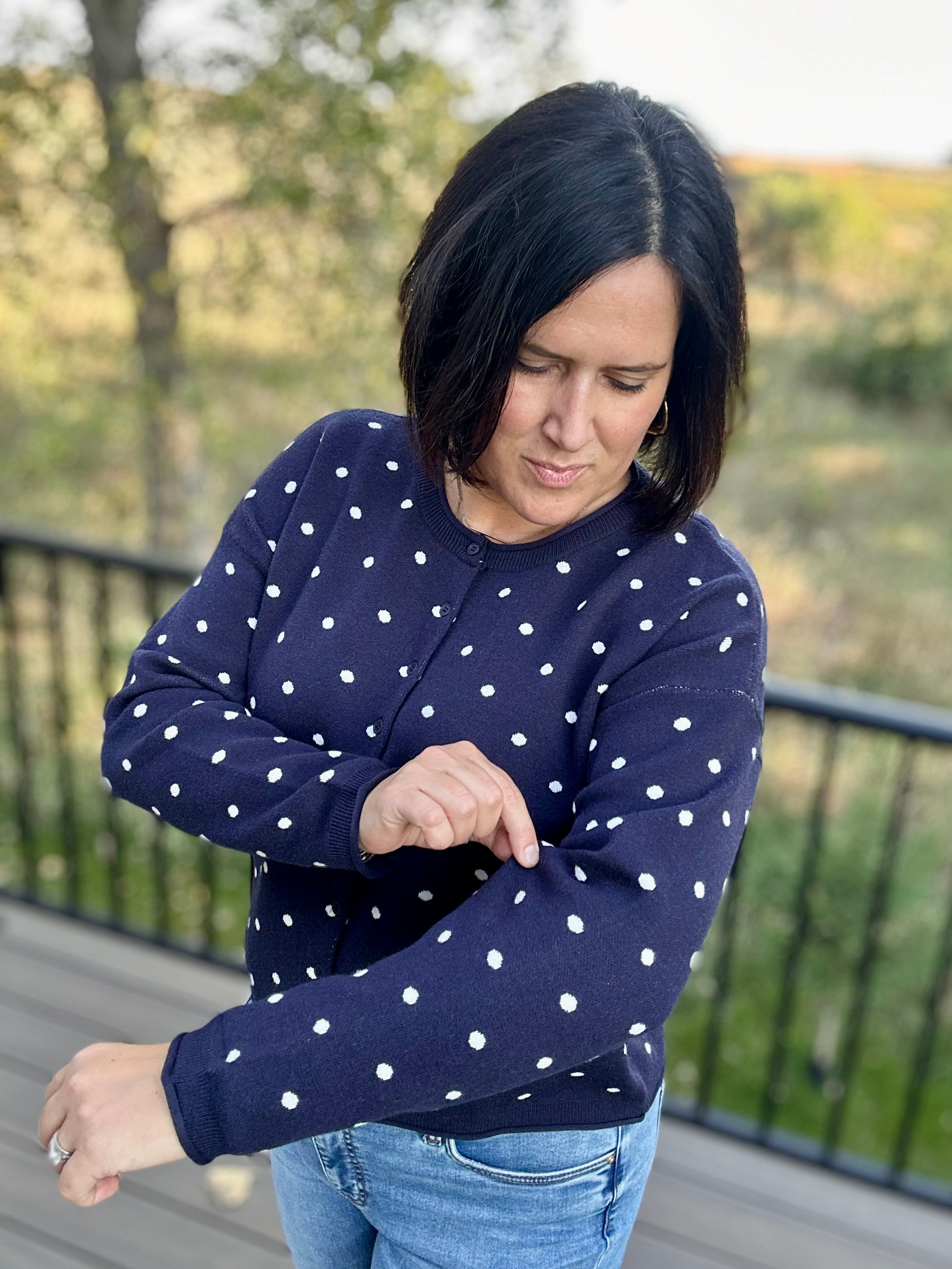 Navy Polka Dot Button Front Cardigan Tops- Cardigans Pologram