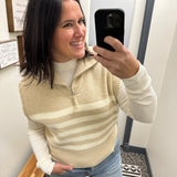 Beige Striped Half Zip Sweater Top Top - Sweater DOE & RAE
