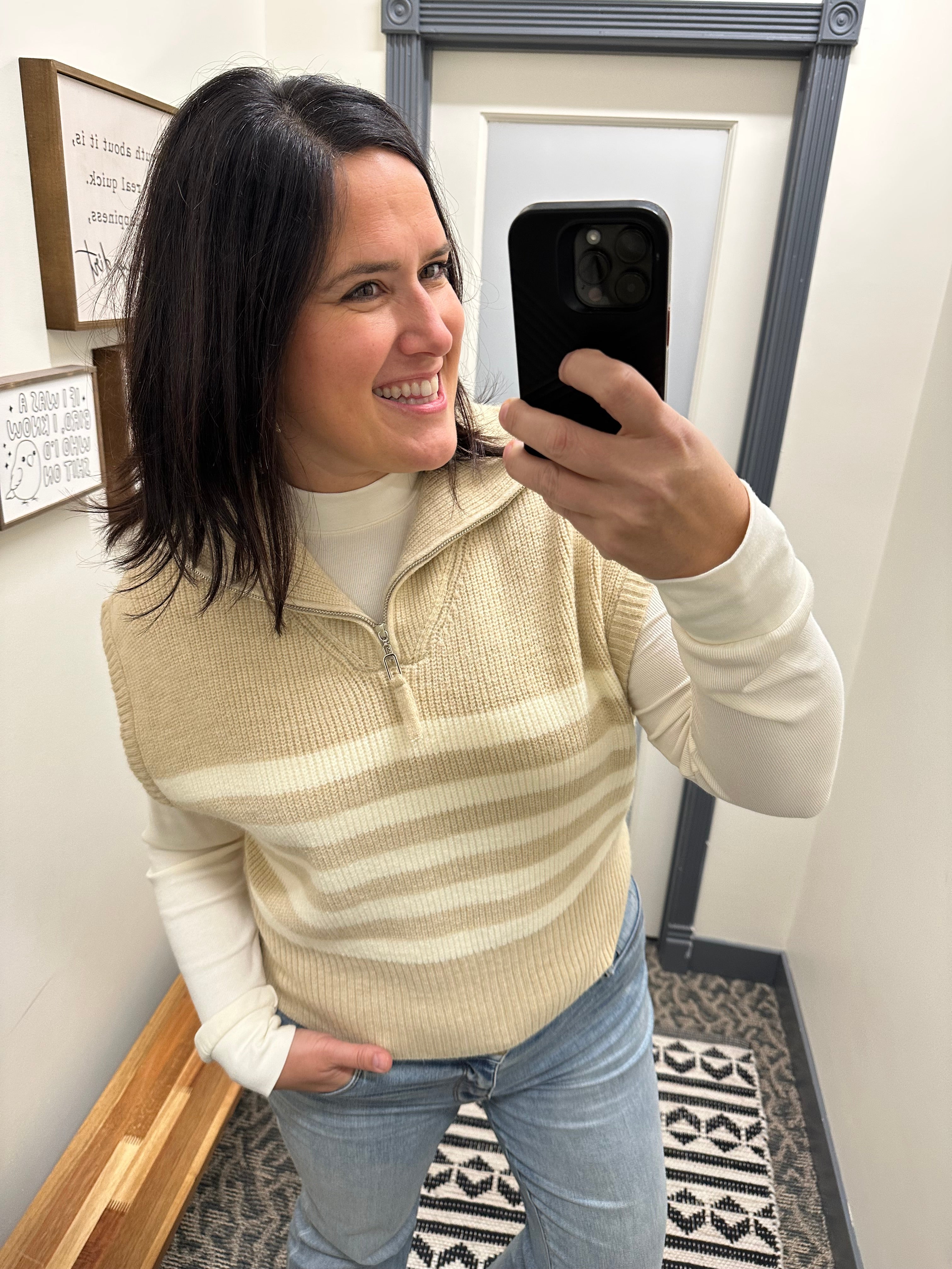 Beige Striped Half Zip Sweater Top Top - Sweater DOE & RAE