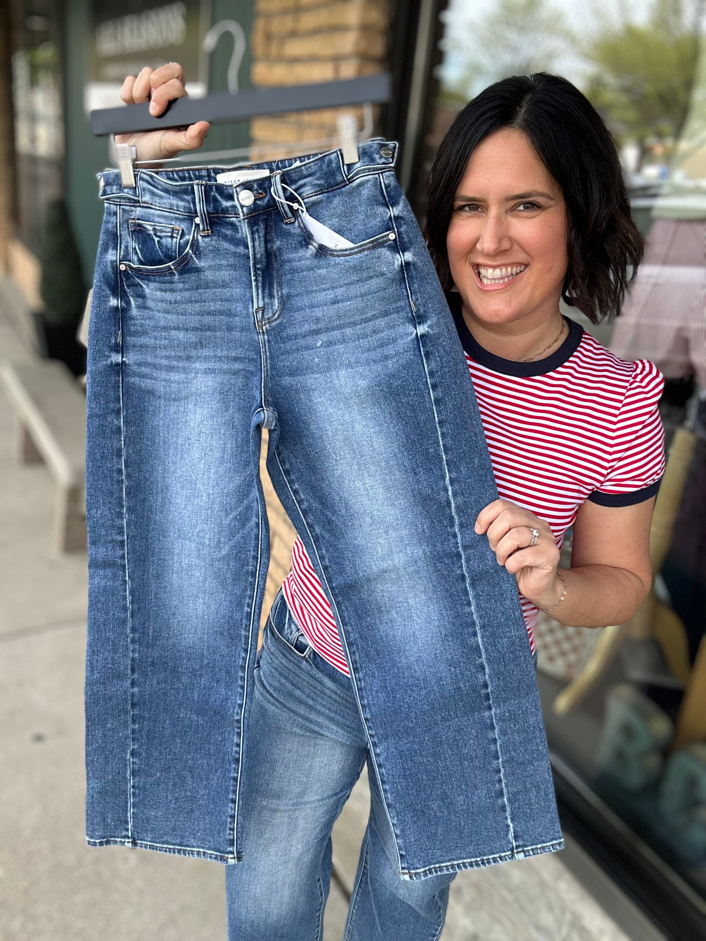 Dark High Rise Crop Barrel Jeans Bottom- Pants RISEN