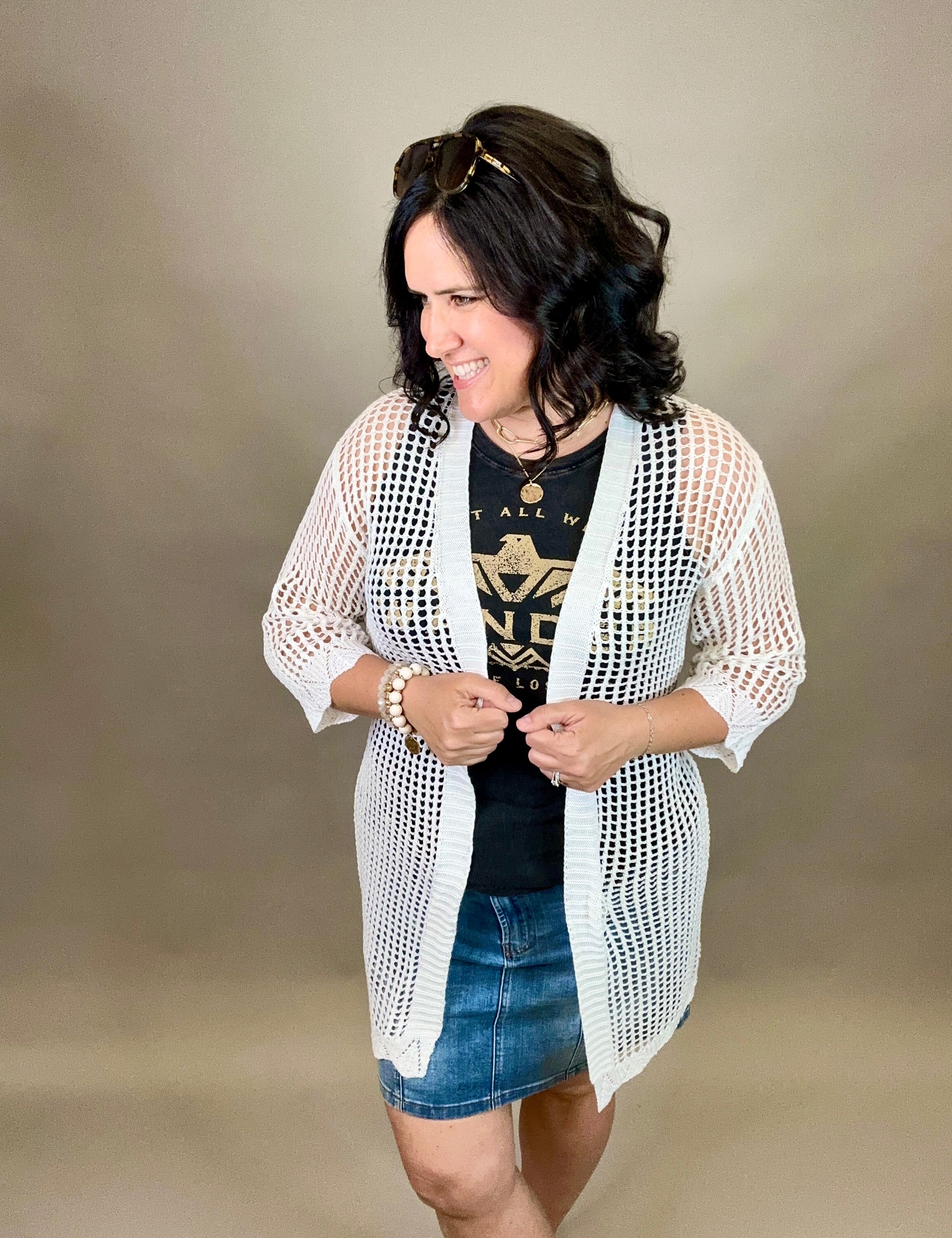 White Coastal Crochet Tie Kimono OS Tops- Cardigans PRETTY SIMPLE WHOLESALE