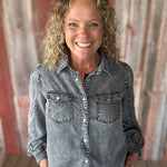 Black Denim Bubble Sleeve Tencel Shirt Tops - Button Ups DOE & RAE