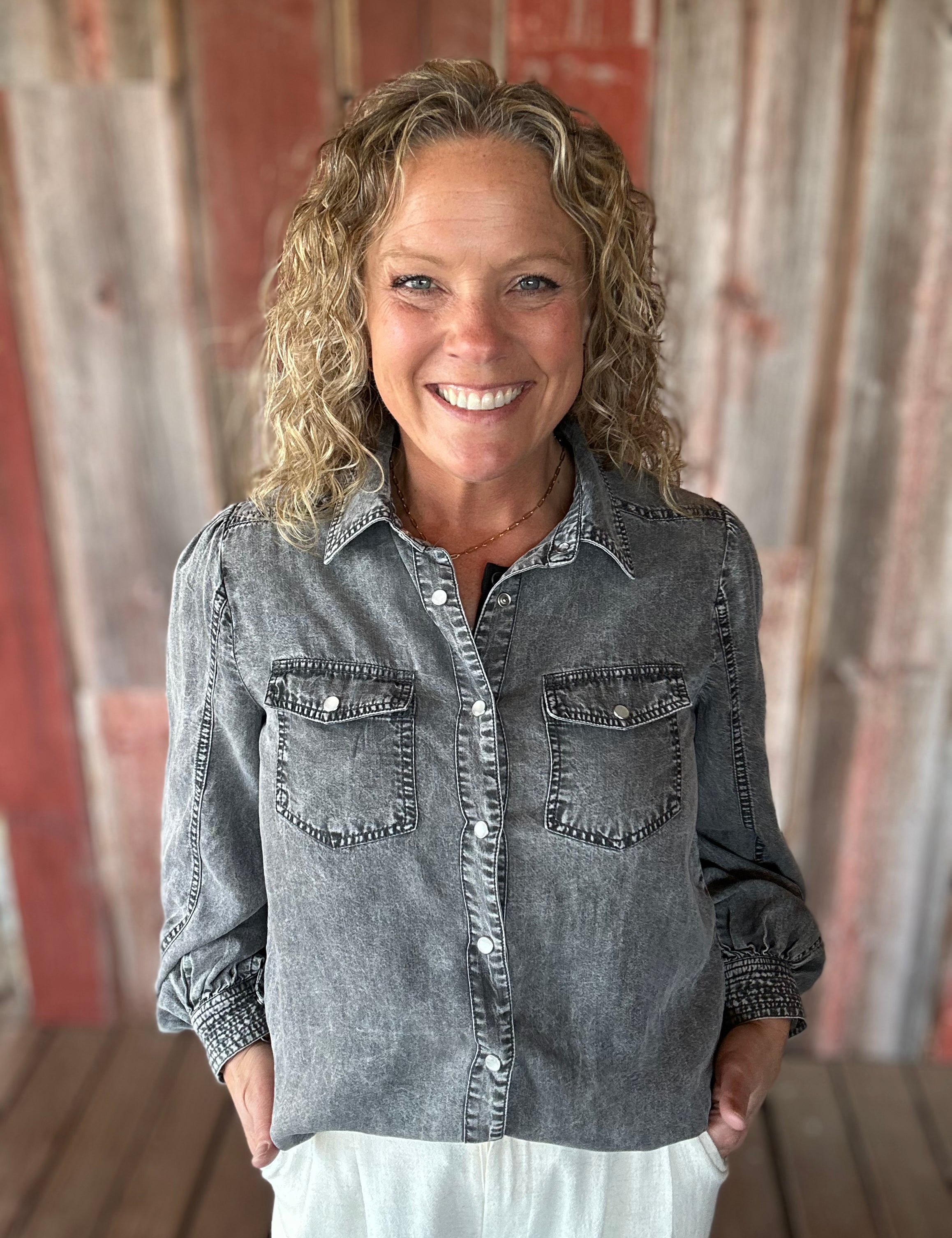 Black Denim Bubble Sleeve Tencel Shirt Tops - Button Ups DOE & RAE