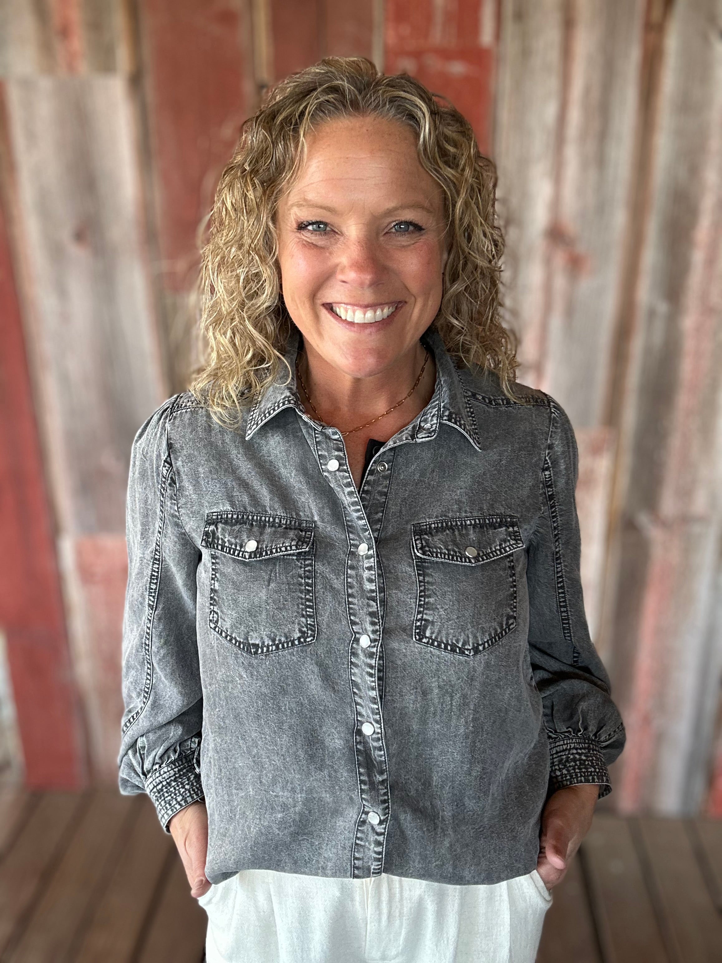 Black Denim Bubble Sleeve Tencel Shirt Tops - Button Ups DOE & RAE