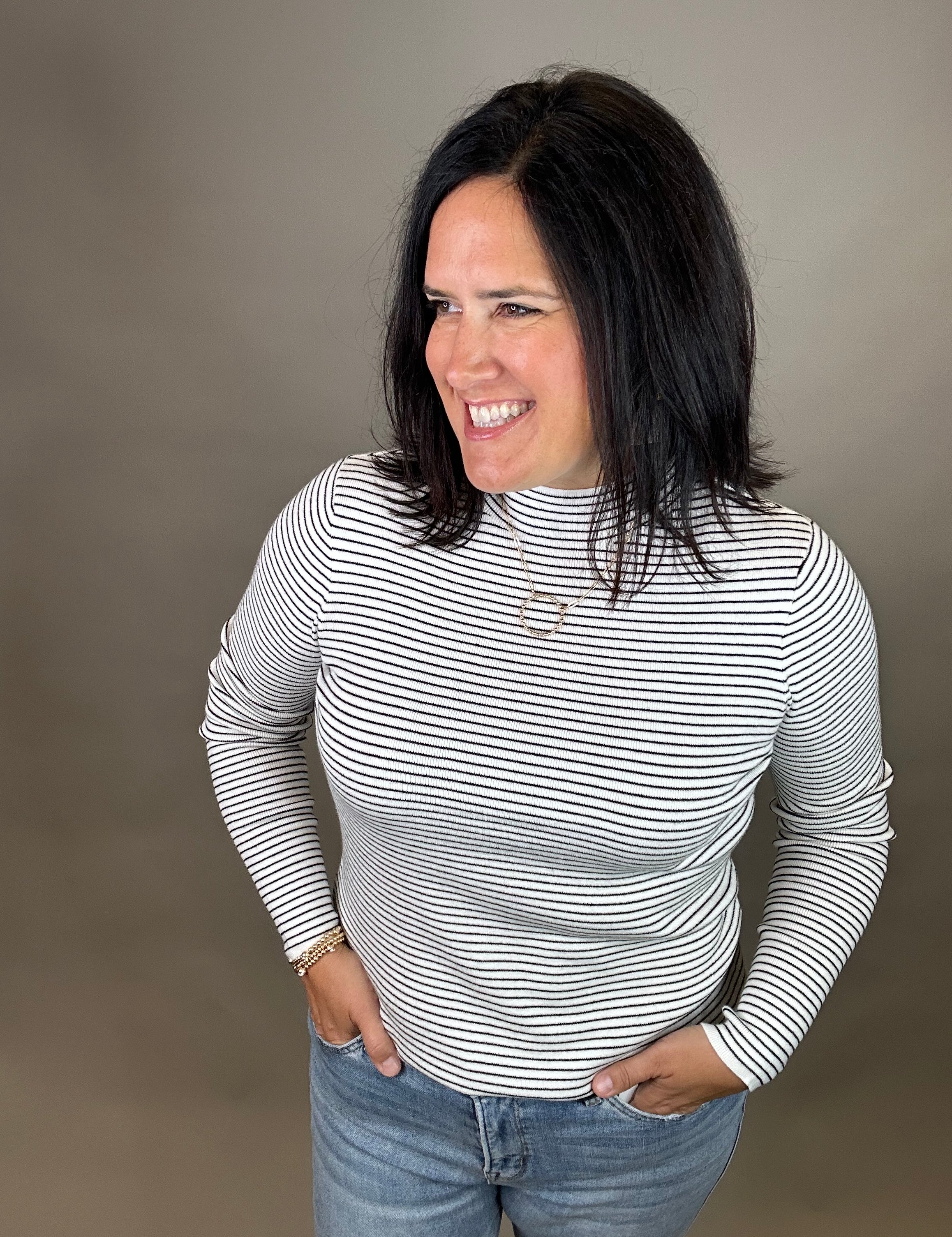 Ivory/Black Pinstripe Mock Neck Sweater Top - Sweater STACCATO