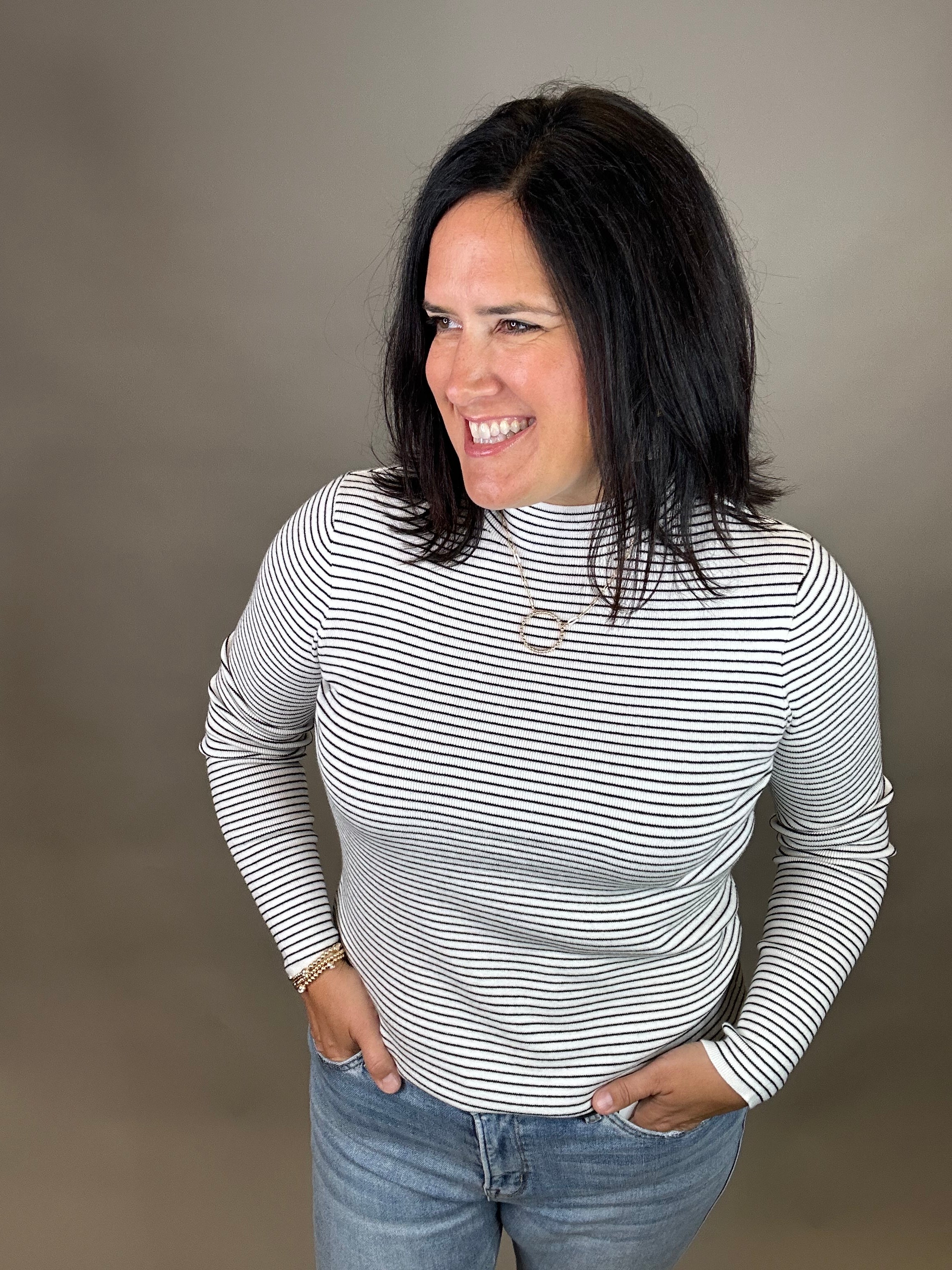 Ivory/Black Pinstripe Mock Neck Sweater Top - Sweater STACCATO