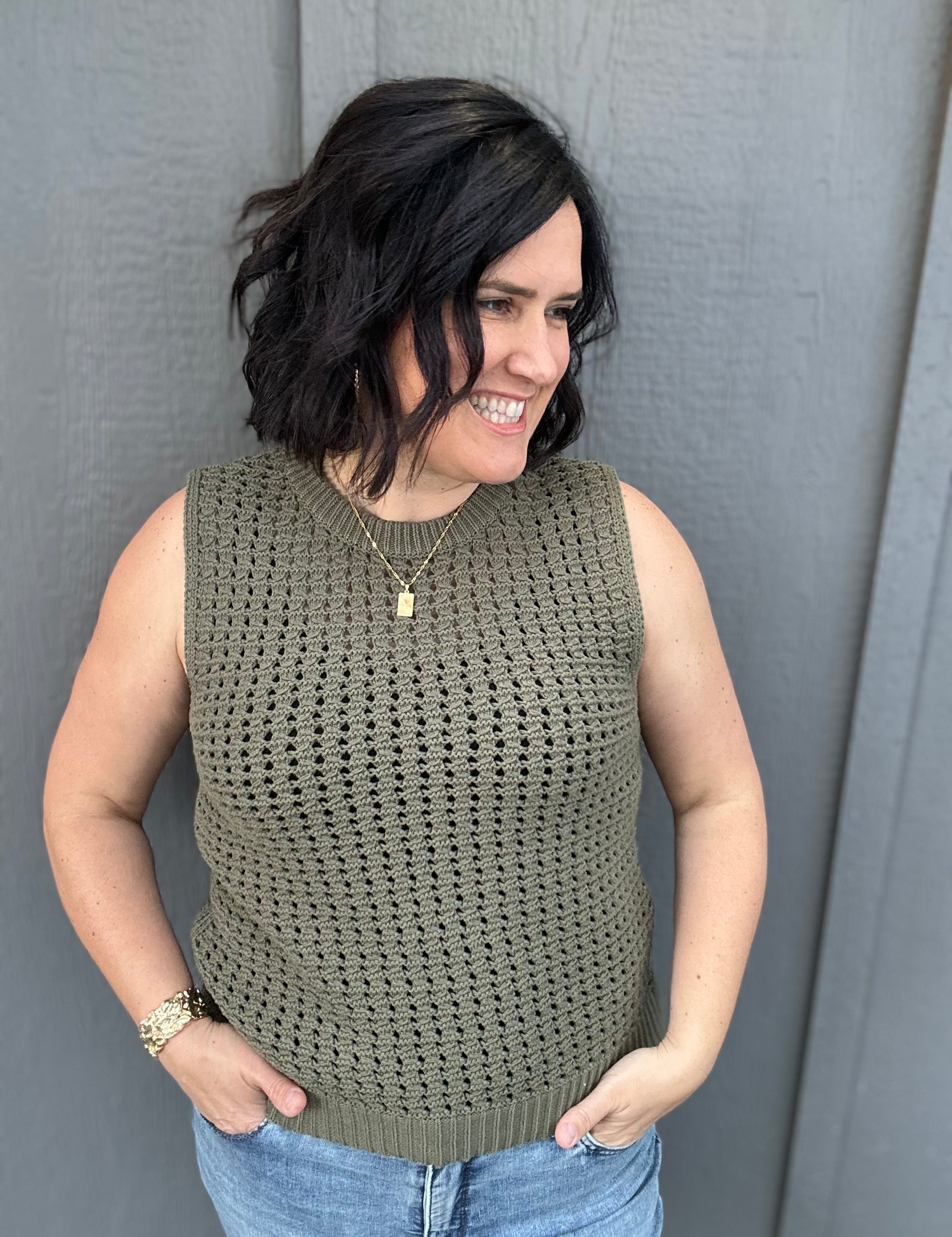 Olive Round Neck Sweater Top - Sweater FATE by LFD