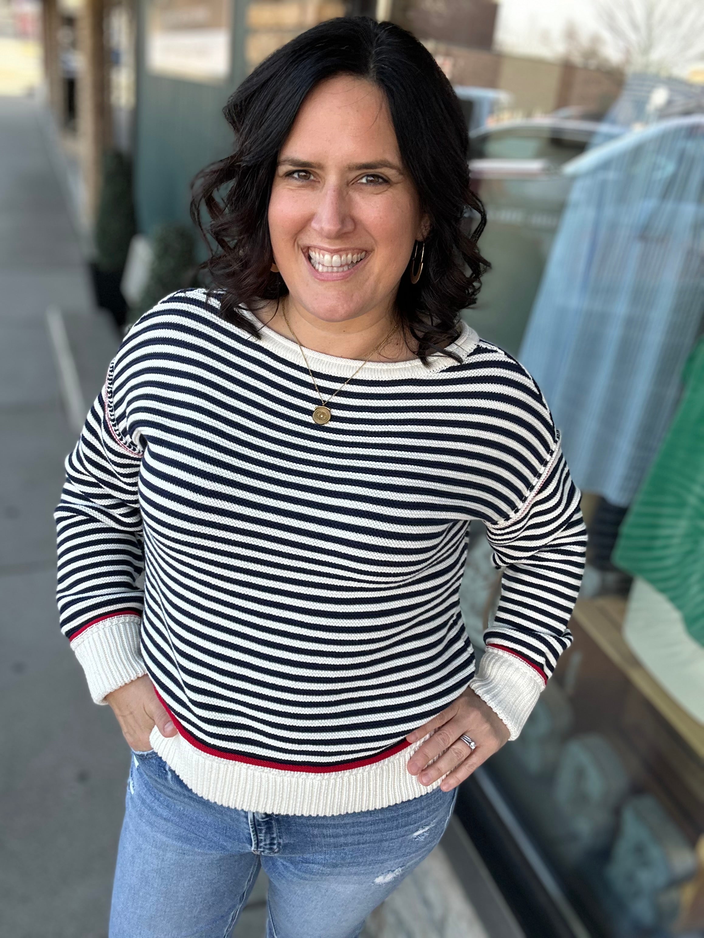 Navy/White Boat Neck Sweater Top - Sweater HEM & THREAD