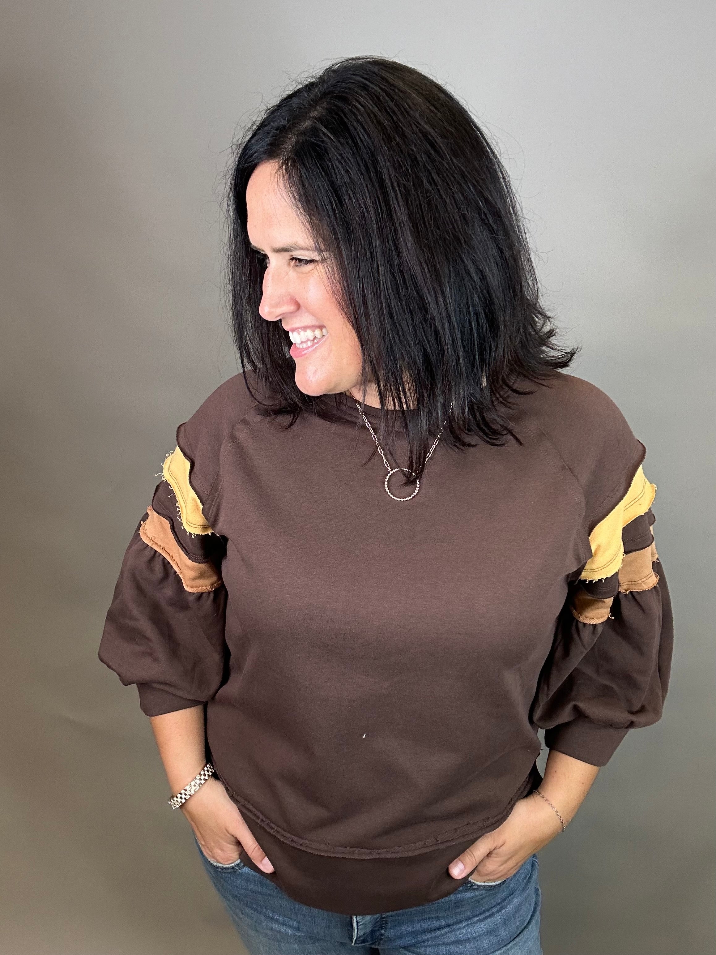 Brown Puff Striped Sleeve Top Top - Sweatshirt JODIFL
