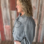 Black Denim Bubble Sleeve Tencel Shirt Tops - Button Ups DOE & RAE