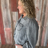 Black Denim Bubble Sleeve Tencel Shirt Tops - Button Ups DOE & RAE