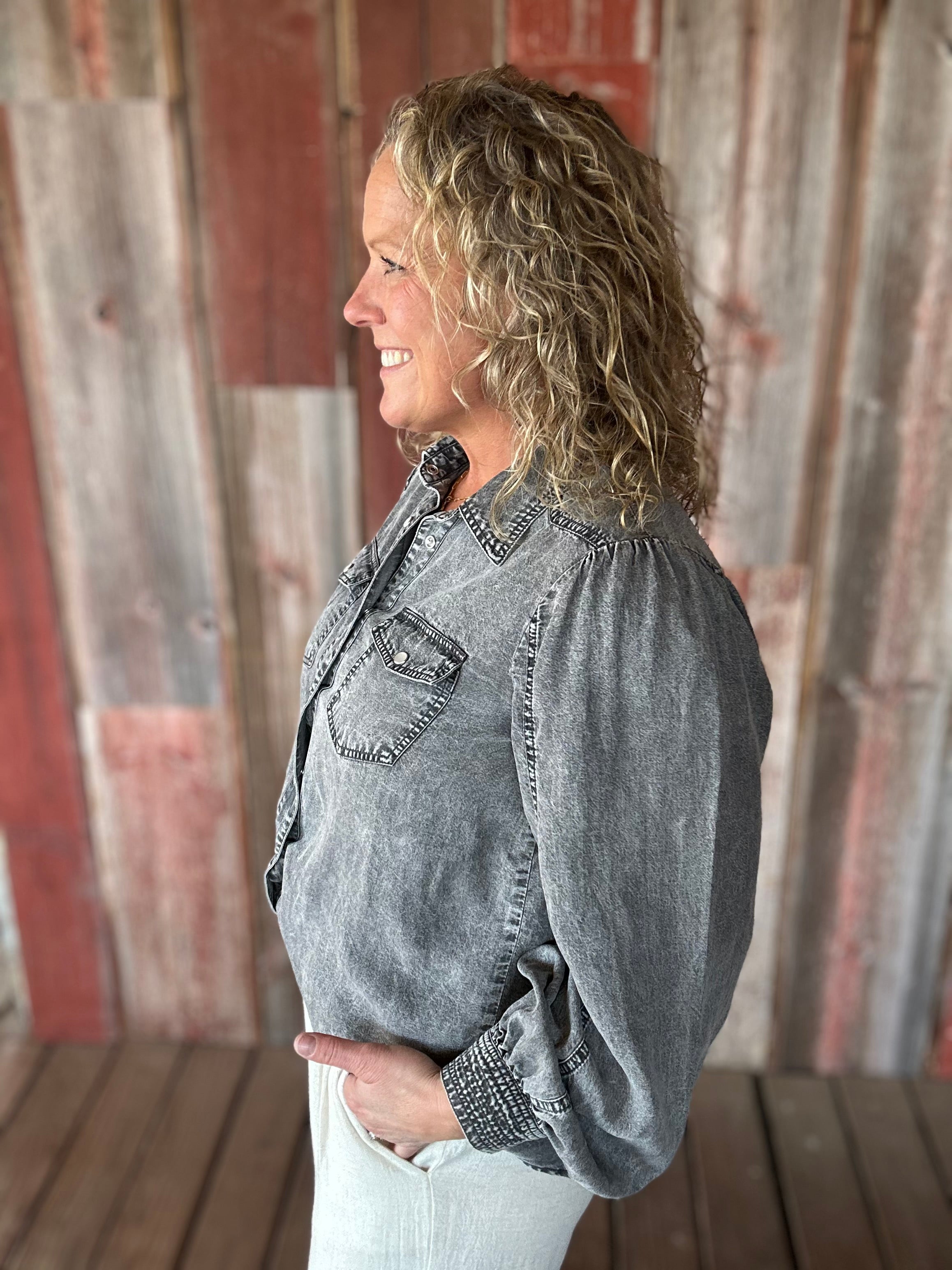 Black Denim Bubble Sleeve Tencel Shirt Tops - Button Ups DOE & RAE