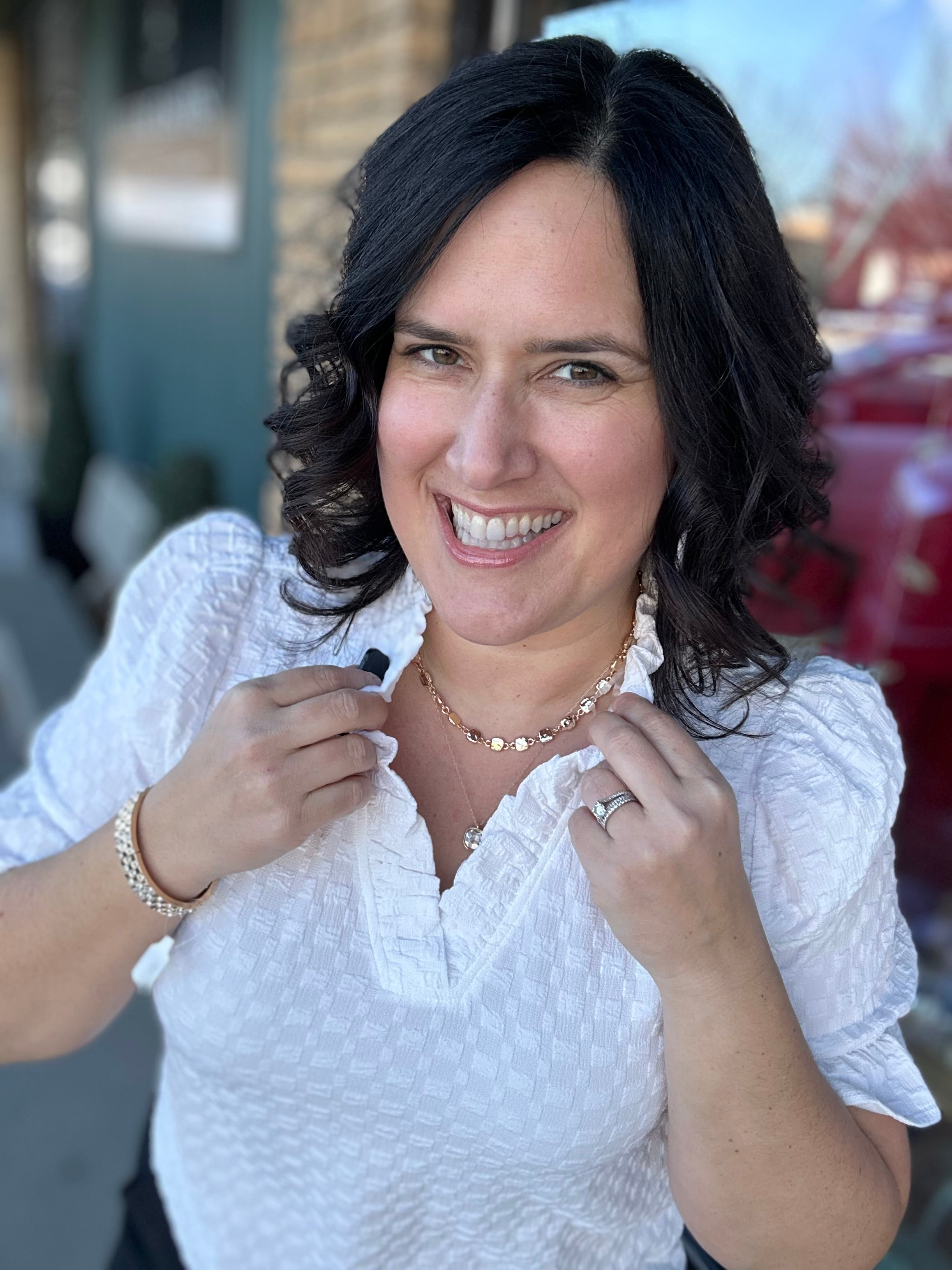 Off White Frilled V Neck Blouse Tops- Blouses STACCATO