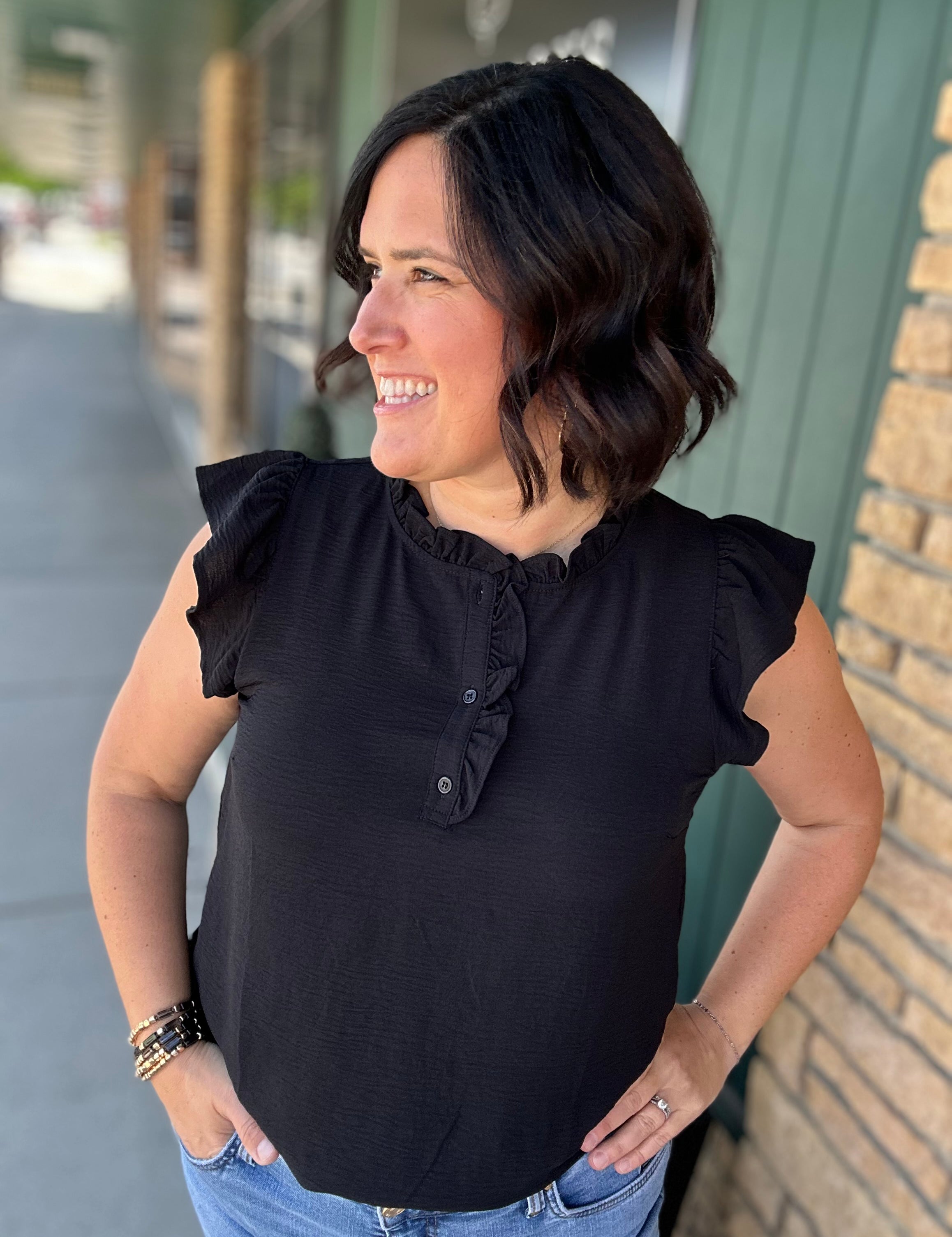 Black Ruffle Button Down Blouse Tops- Blouses STACCATO