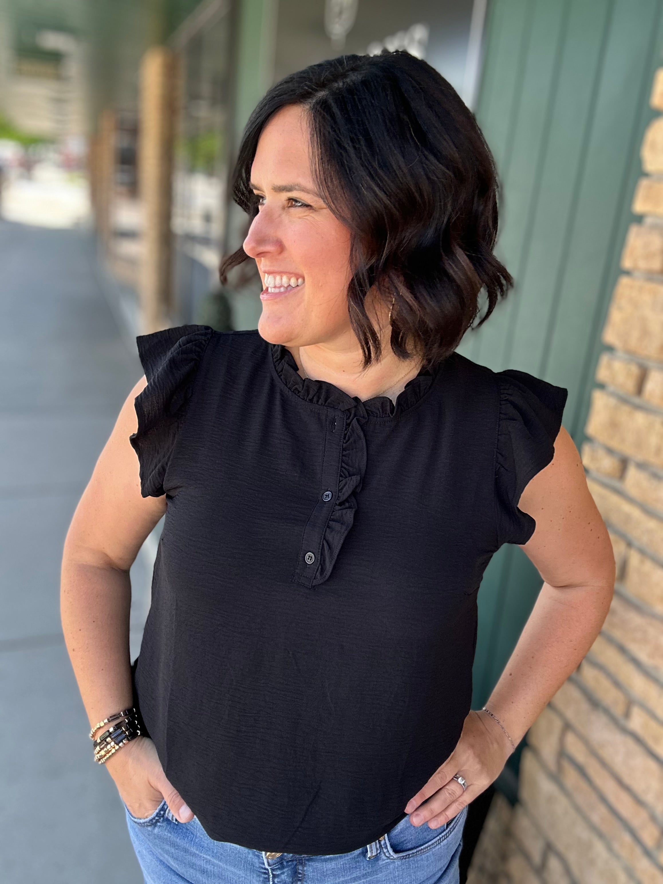 Black Ruffle Button Down Blouse Tops- Blouses STACCATO