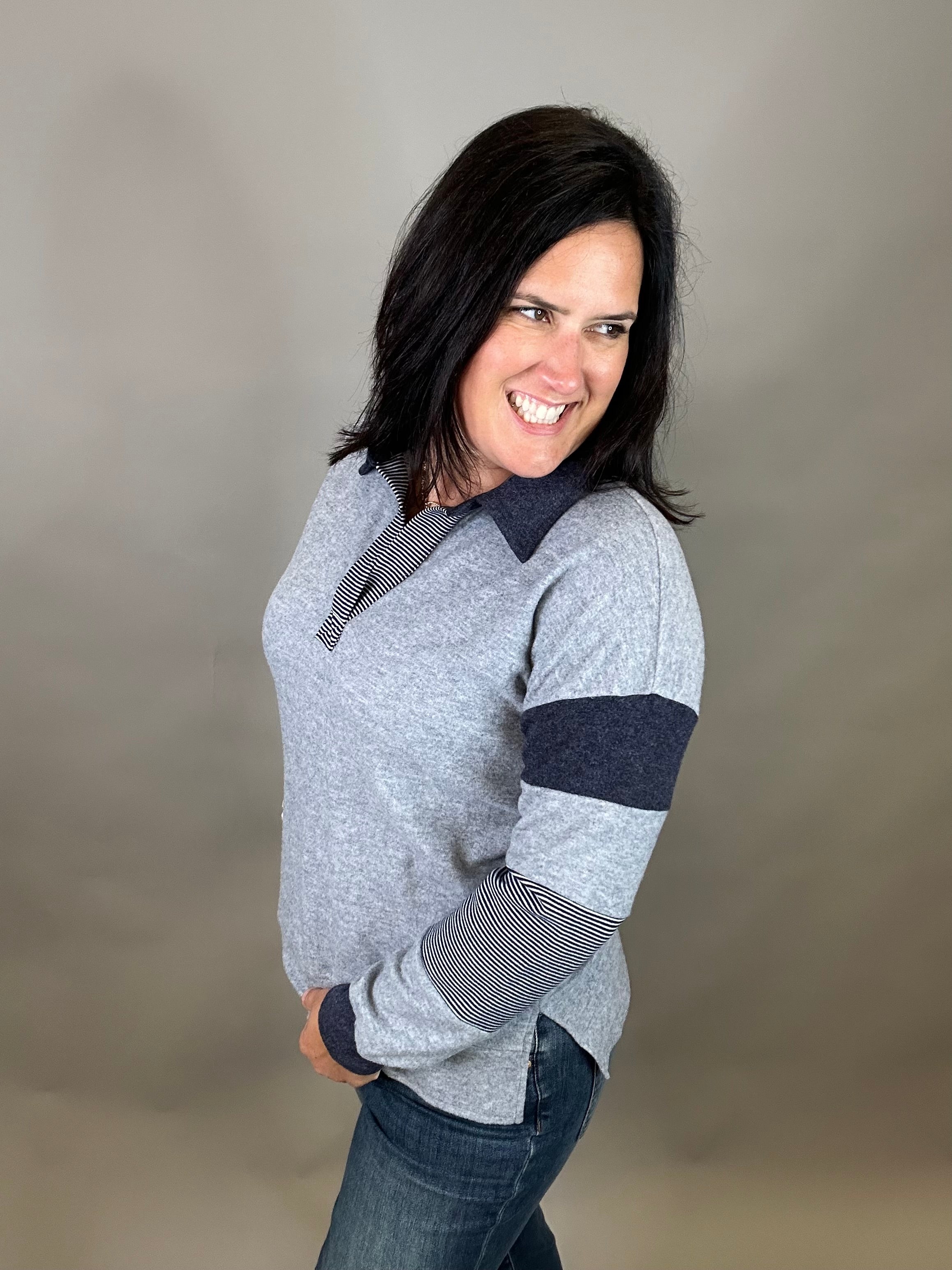 Navy Striped Henley Pullover Top - Sweatshirt STACCATO