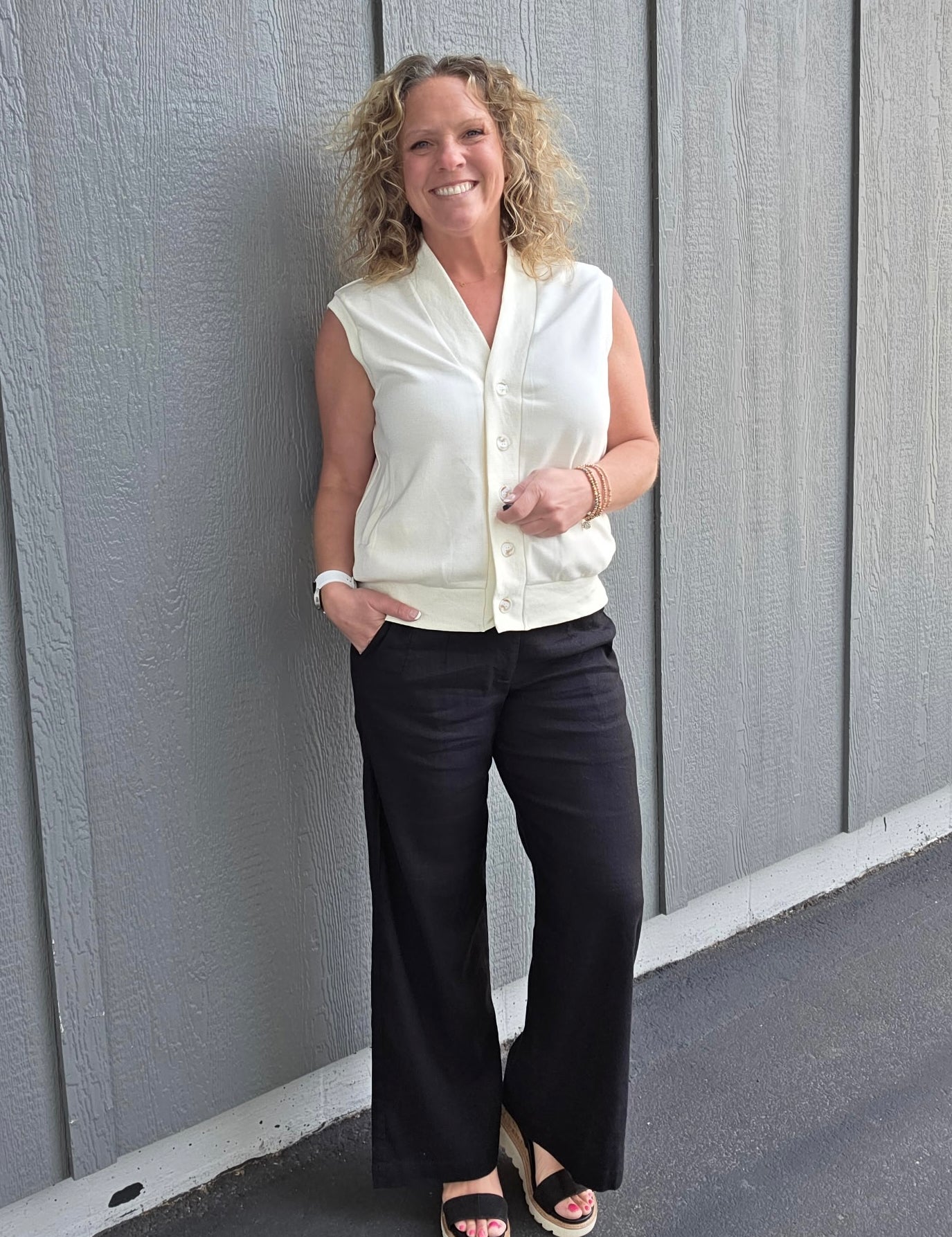 Ivory Button Front Vest Tops- Cardigans DOE & RAE