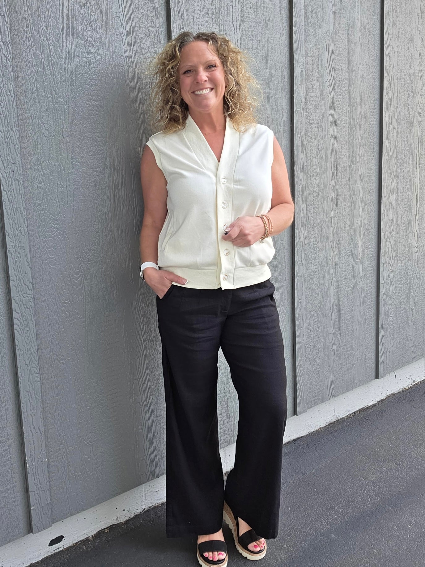 Ivory Button Front Vest Tops- Cardigans DOE & RAE