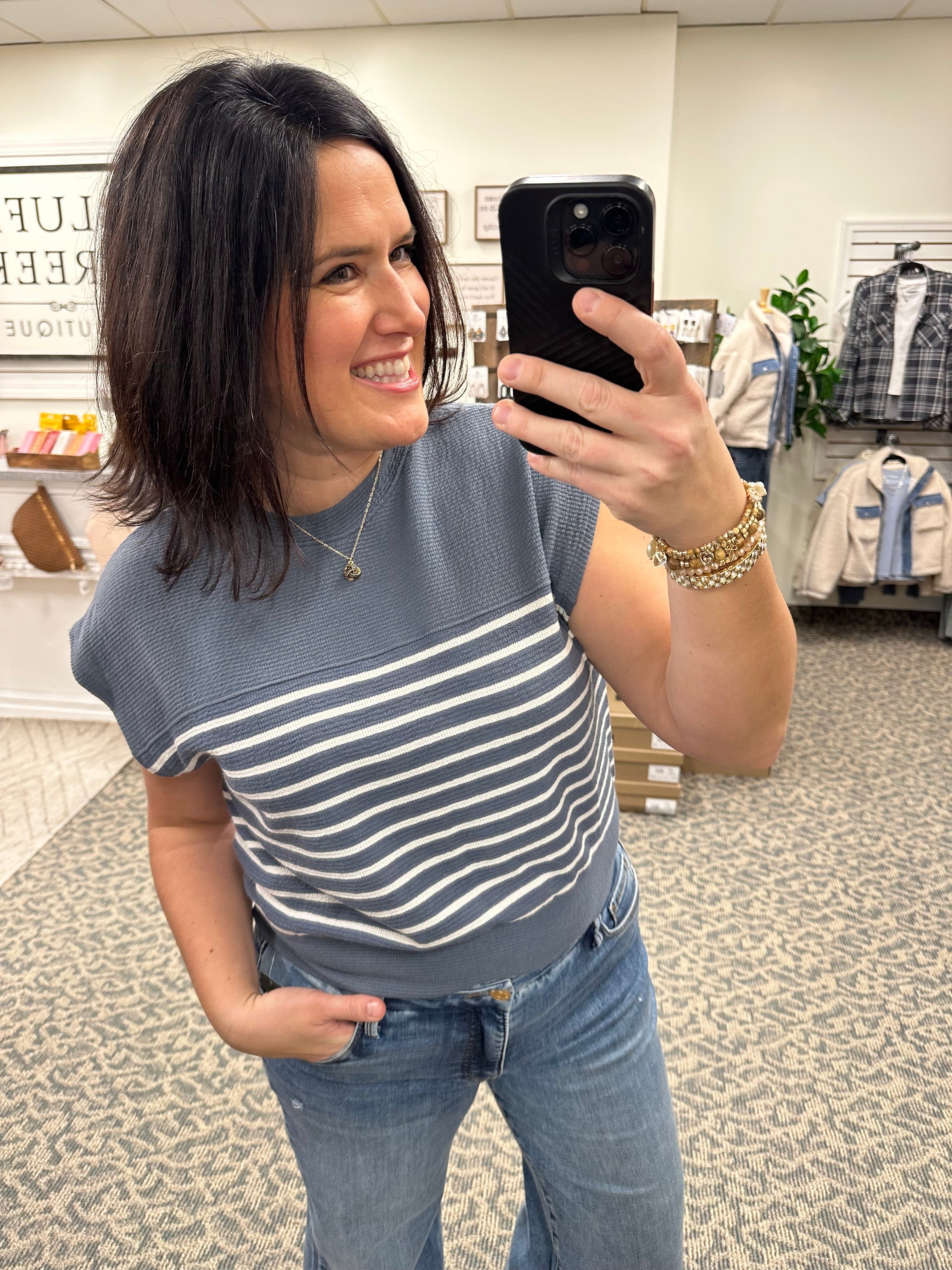 Denim Short Sleeve Cloudy Knit Stripe Top Top - Tee TRES BIEN