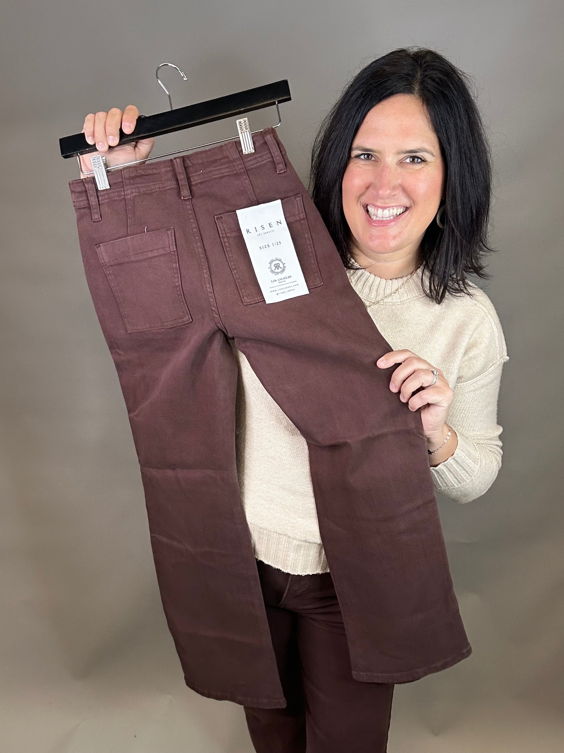 Brown Ankle Flare Patch Pocket Jeans Bottom- Pants RISEN