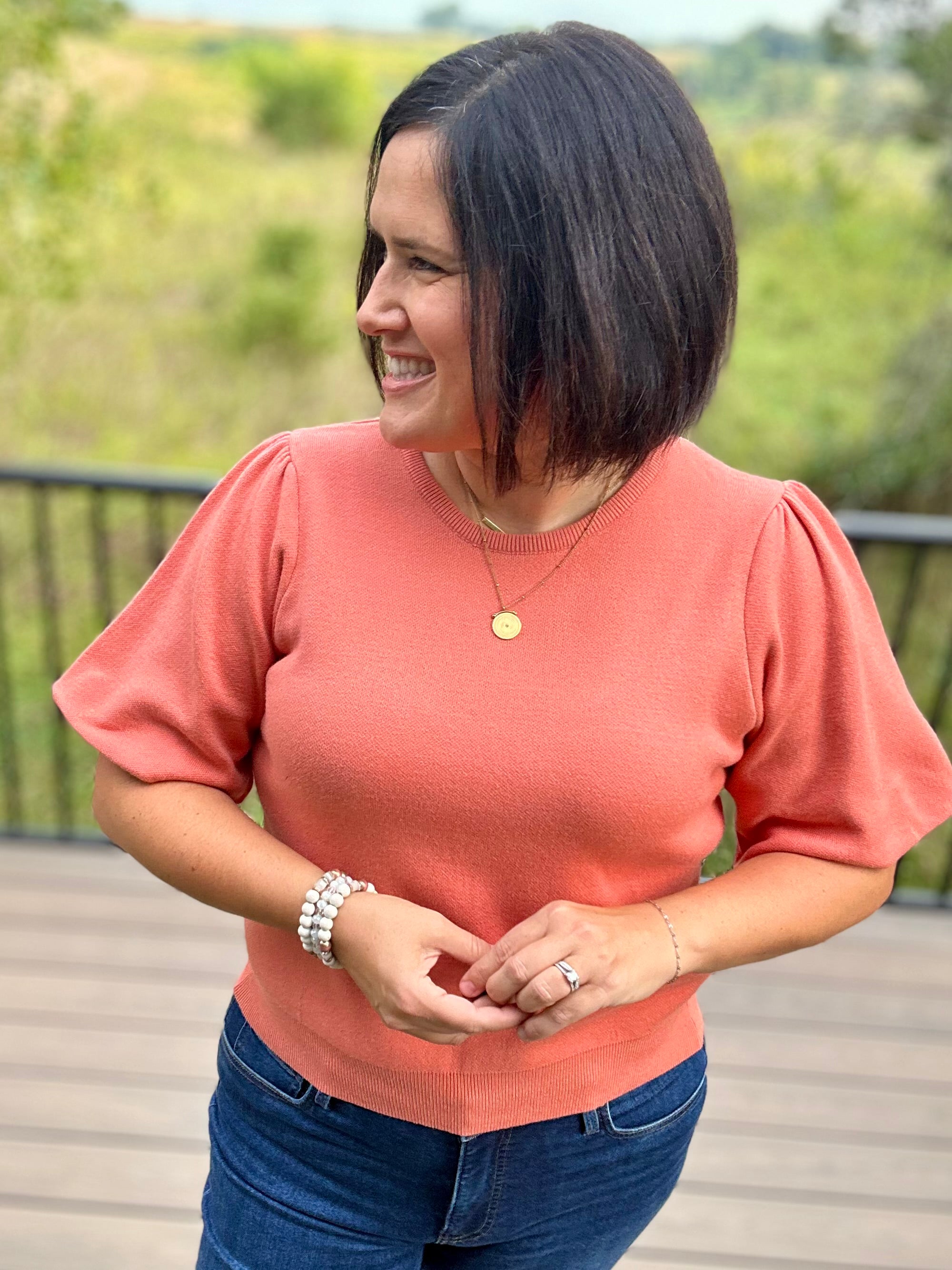 Sunset Orange Bubble Sleeve Knit Top Top - Sweater VOY