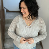 Grey Split Neck Open Knit Sweater