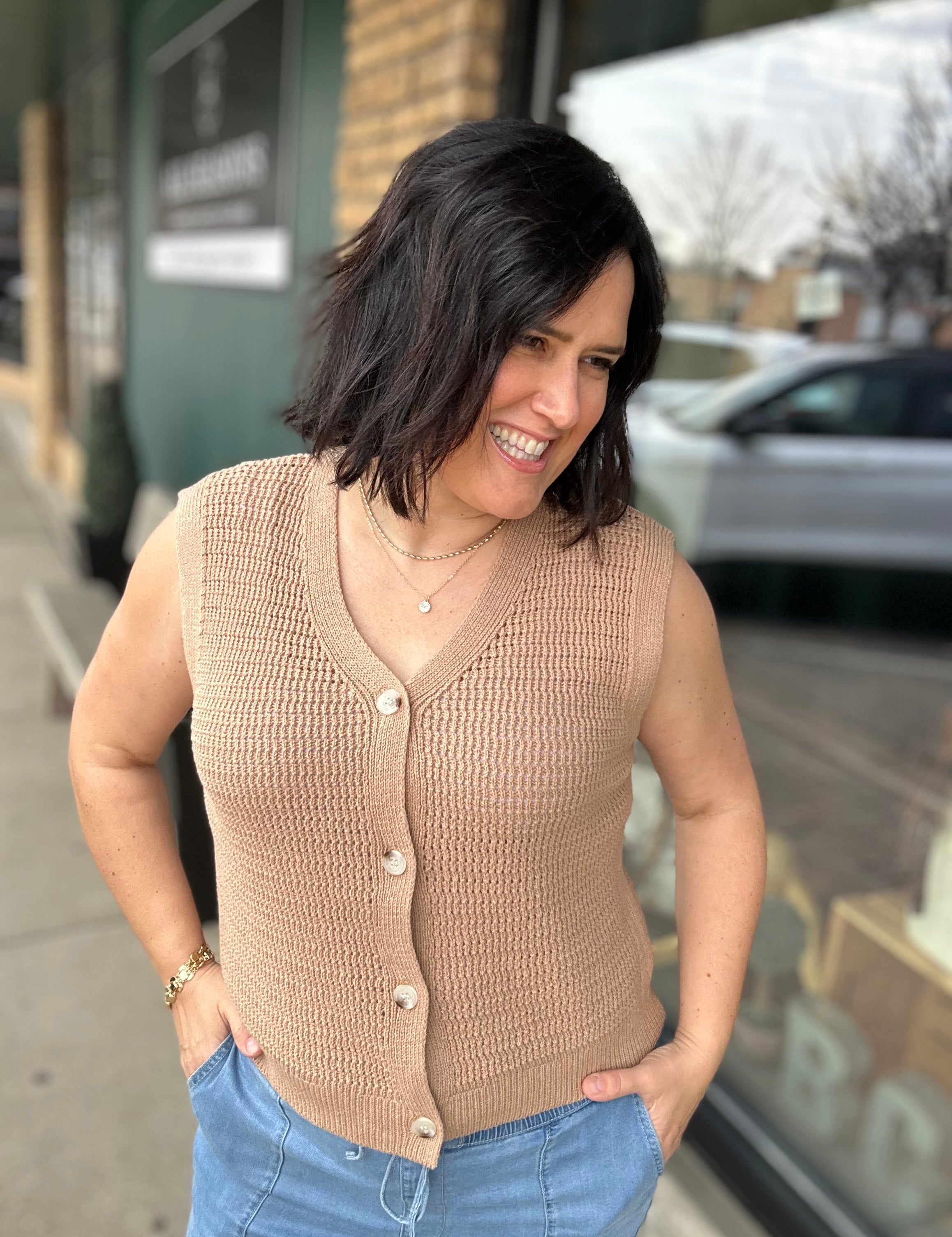 Taupe Crochet Button Up Sleeveless Vest Top - Sweater STACCATO