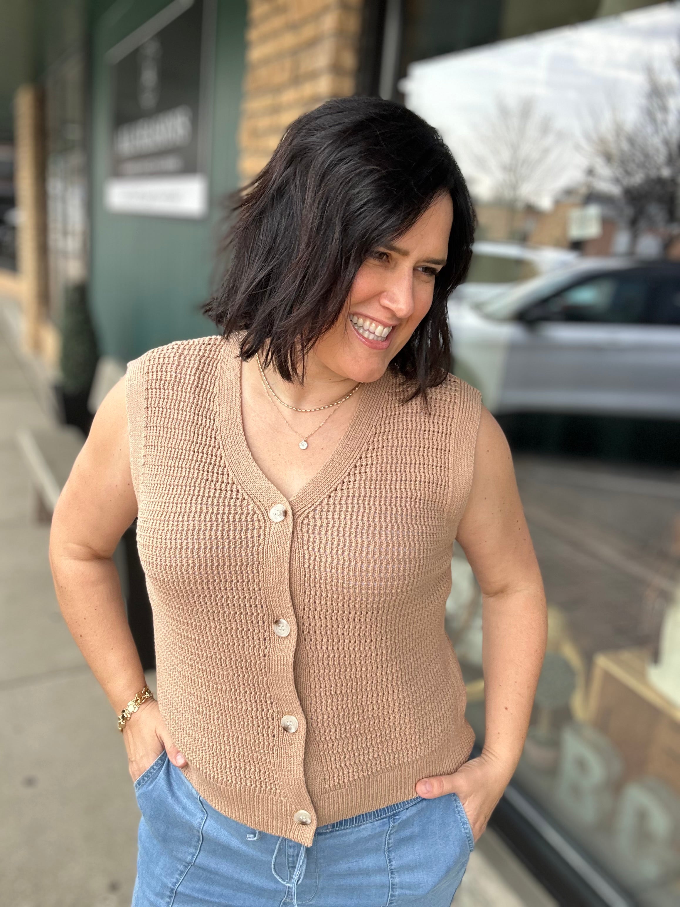 Taupe Crochet Button Up Sleeveless Vest Top - Sweater STACCATO