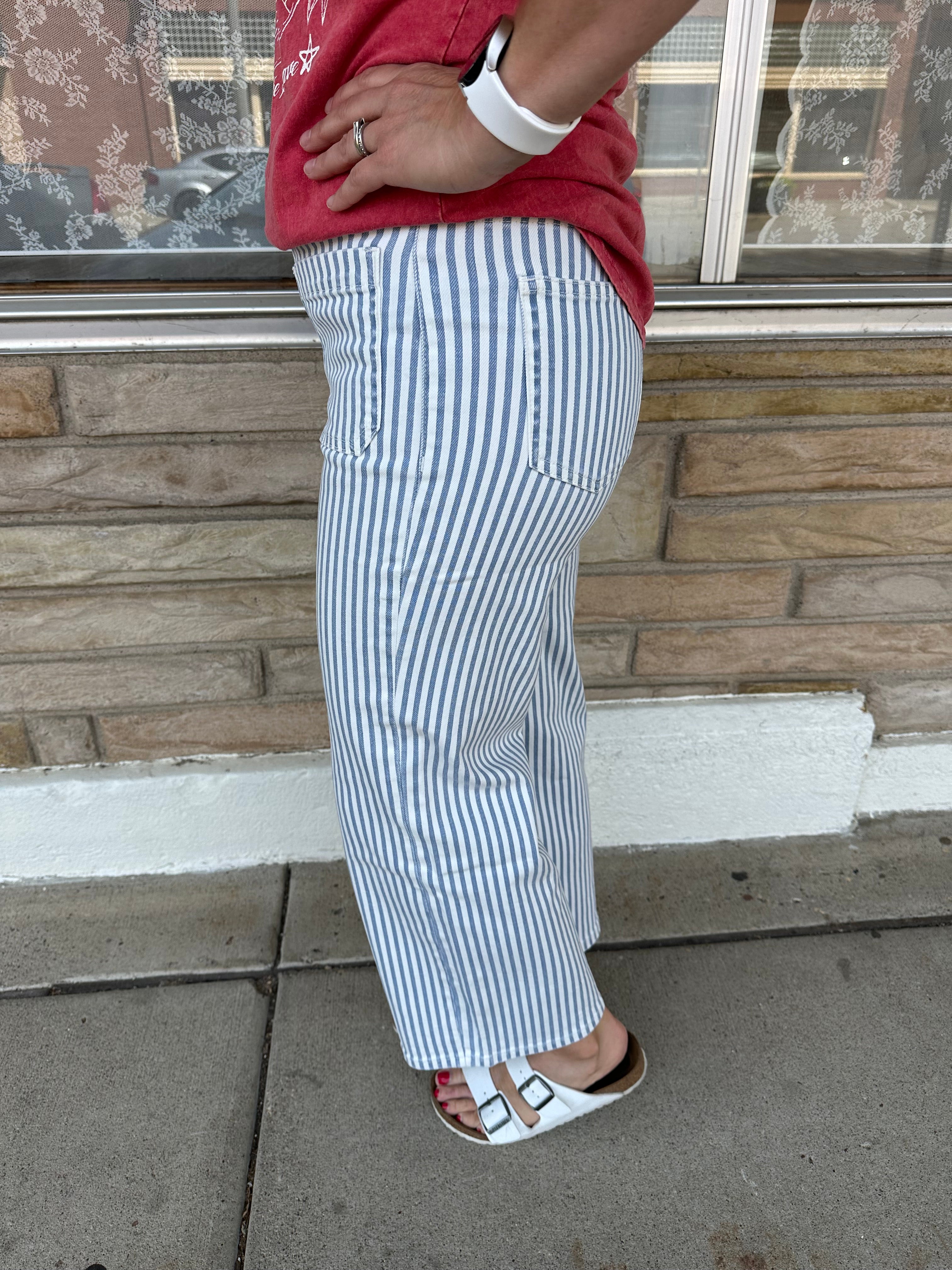 Curious Wide Leg Cropped Stripe Jean Bottom- Pants MICA DENIM