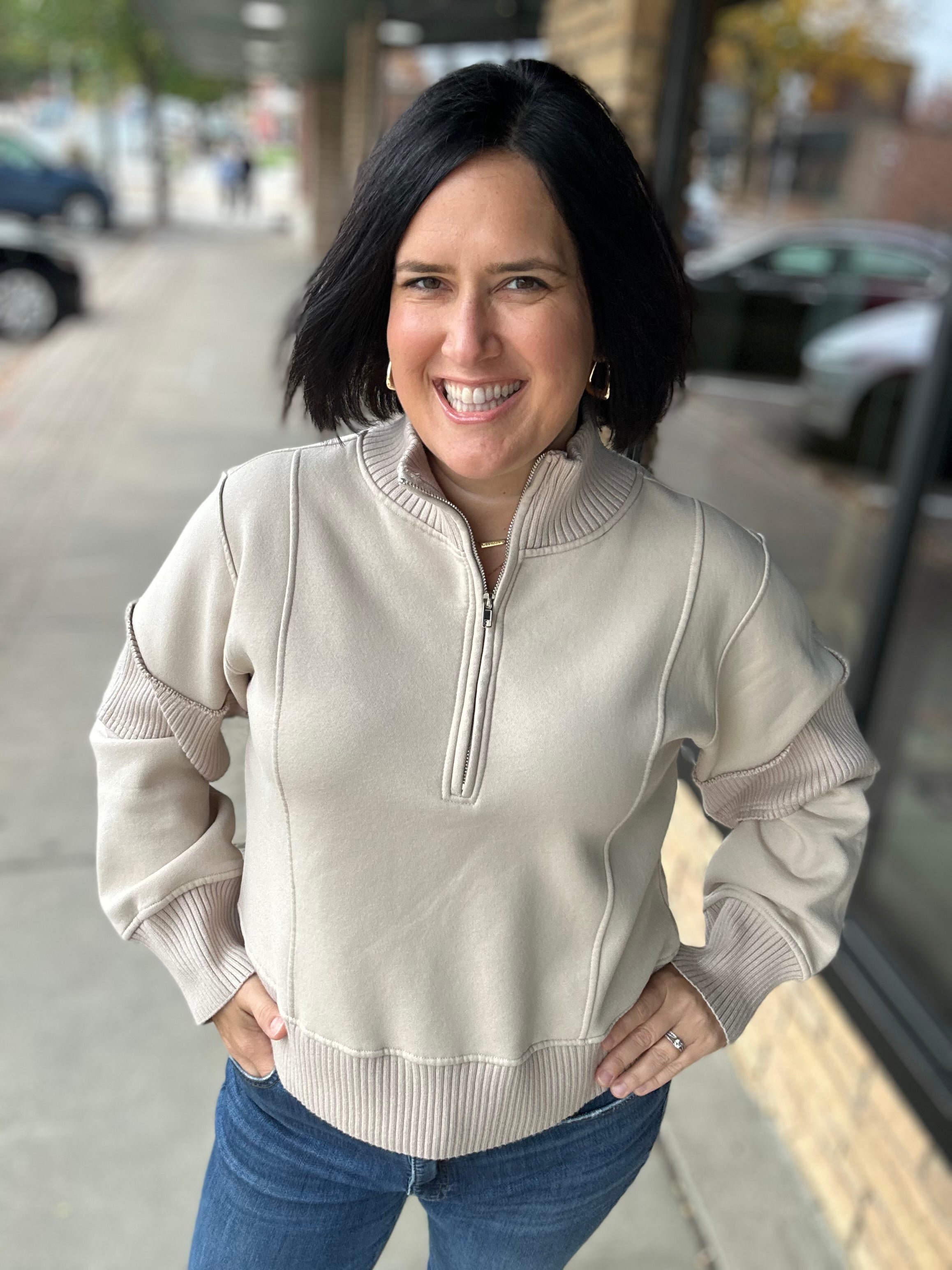 Sand Half Zip-Up Brushed Terry Top Top - Sweatshirt HEM & THREAD