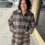 Brown Plaid Shirt Collar Button Front Long Coat Outerwear- Jackets HEM & THREAD