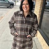 Brown Plaid Shirt Collar Button Front Long Coat Outerwear- Jackets HEM & THREAD