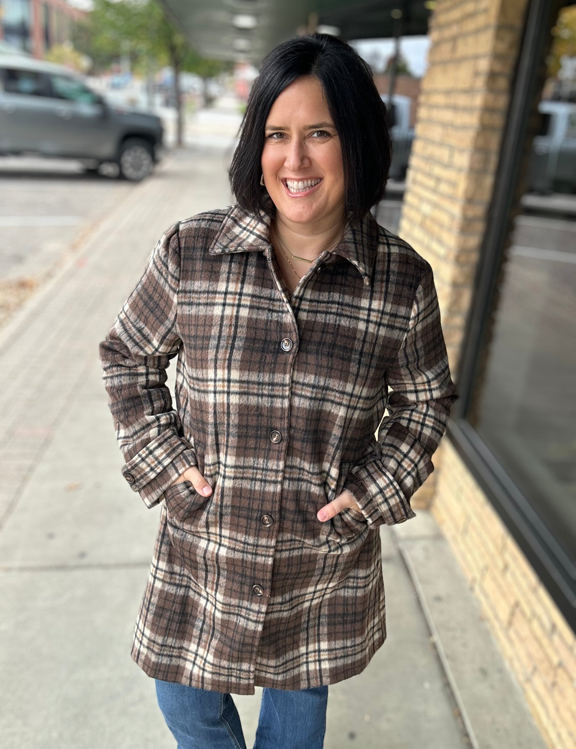 Brown Plaid Shirt Collar Button Front Long Coat Outerwear- Jackets HEM & THREAD