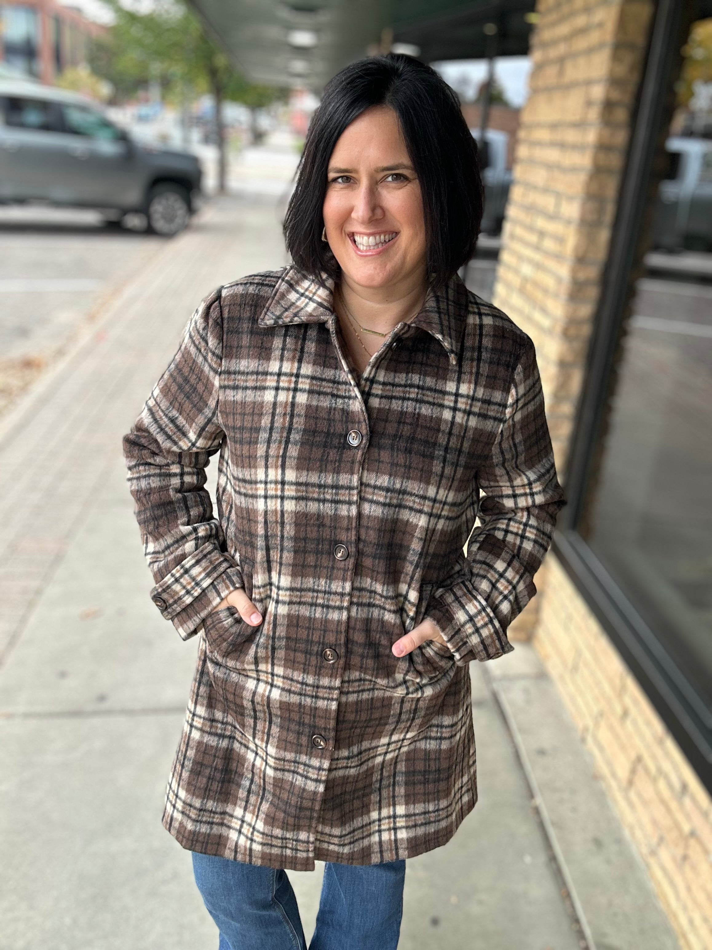 Brown Plaid Shirt Collar Button Front Long Coat
