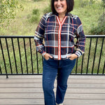 Navy Plaid Button Front Blouse Tops- Blouses THML