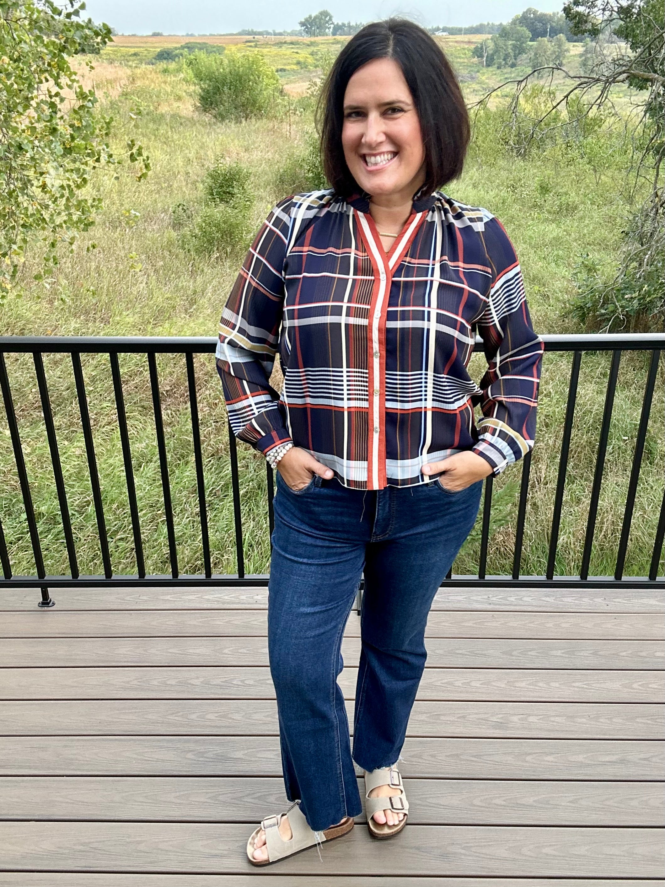 Navy Plaid Button Front Blouse Tops- Blouses THML