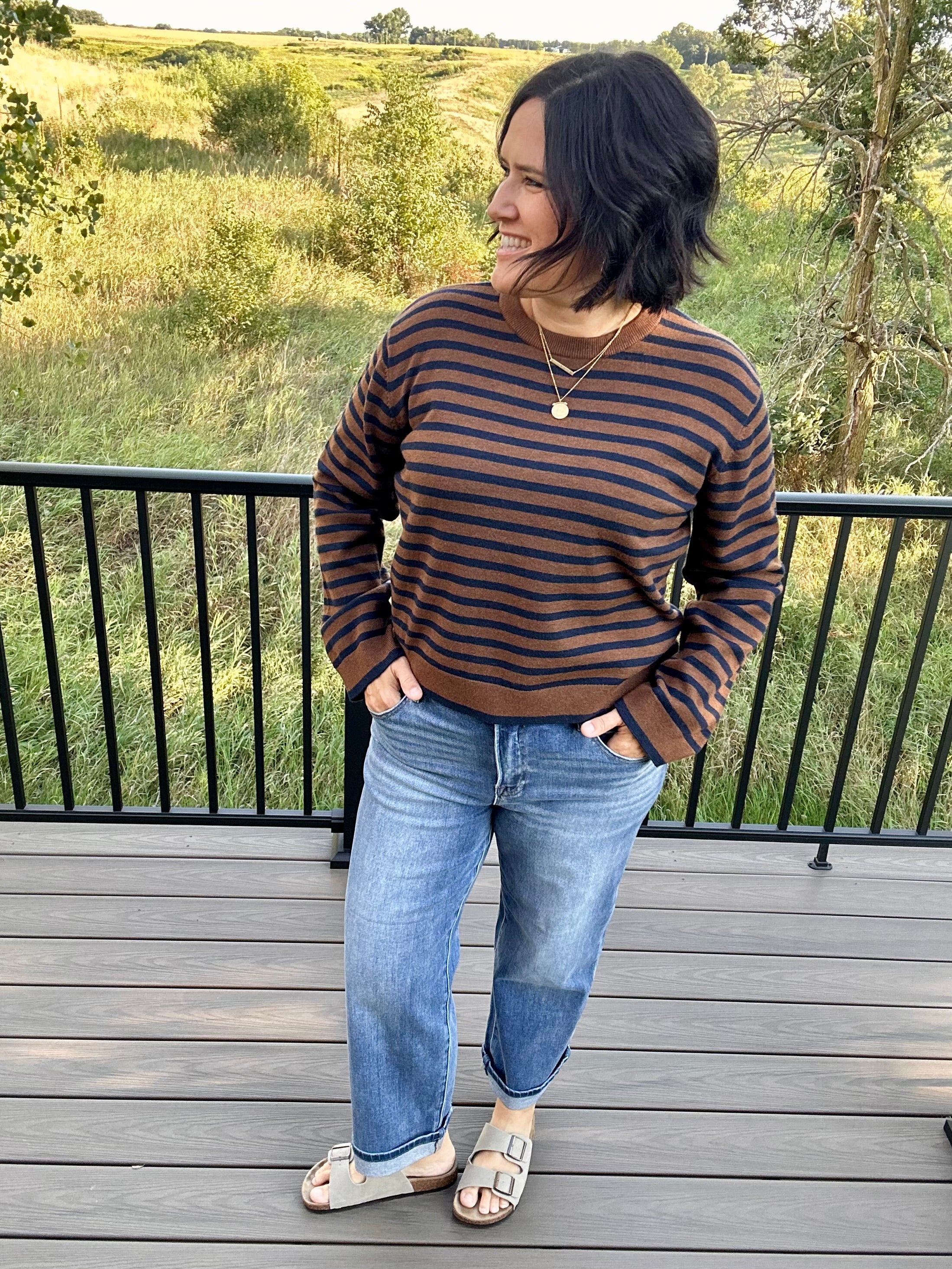 Navy & Brown Stripe Sweater Top - Sweater Mod Ref