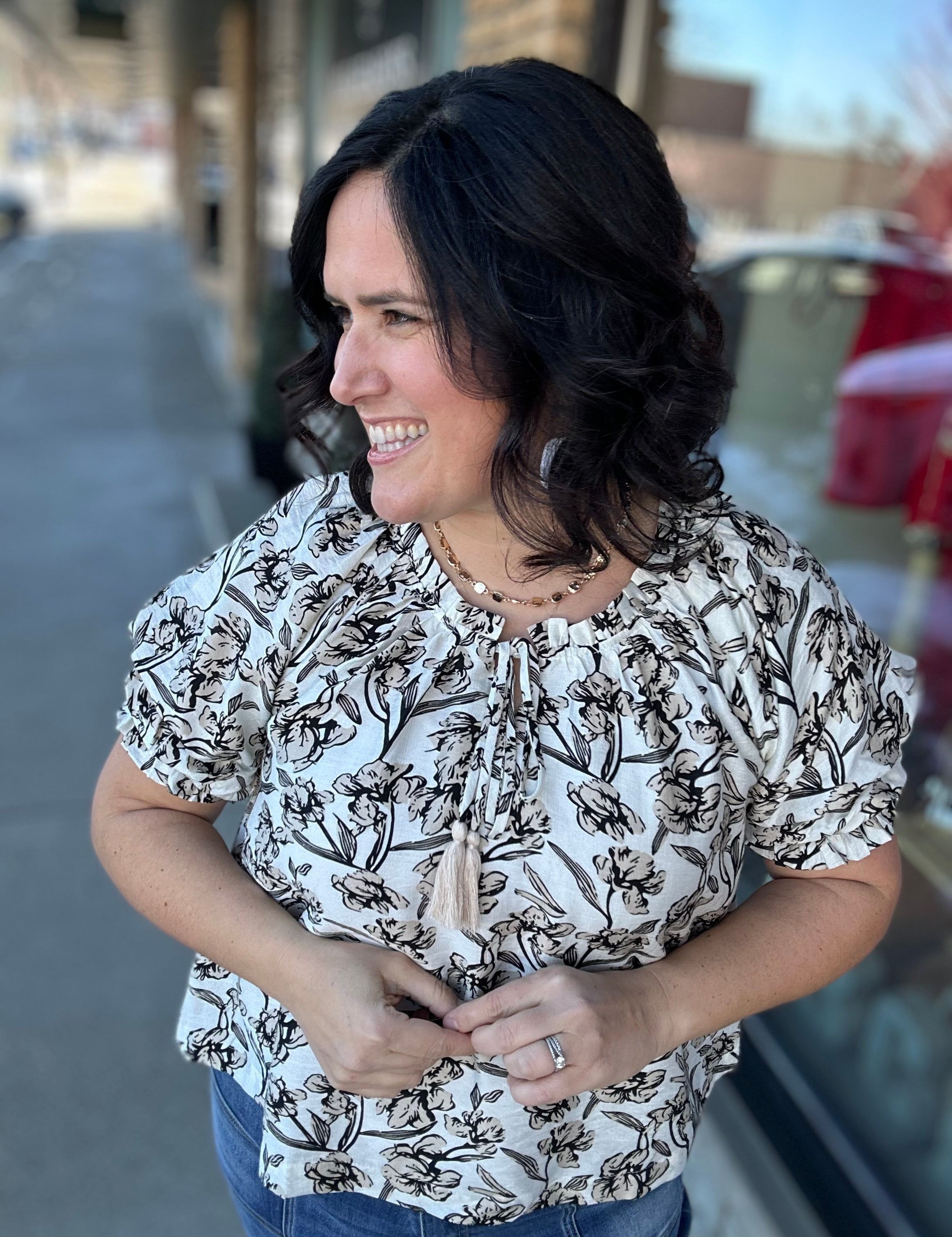 Taupe Bubble Sleeve Swing Top Tops- Blouses DOE & RAE