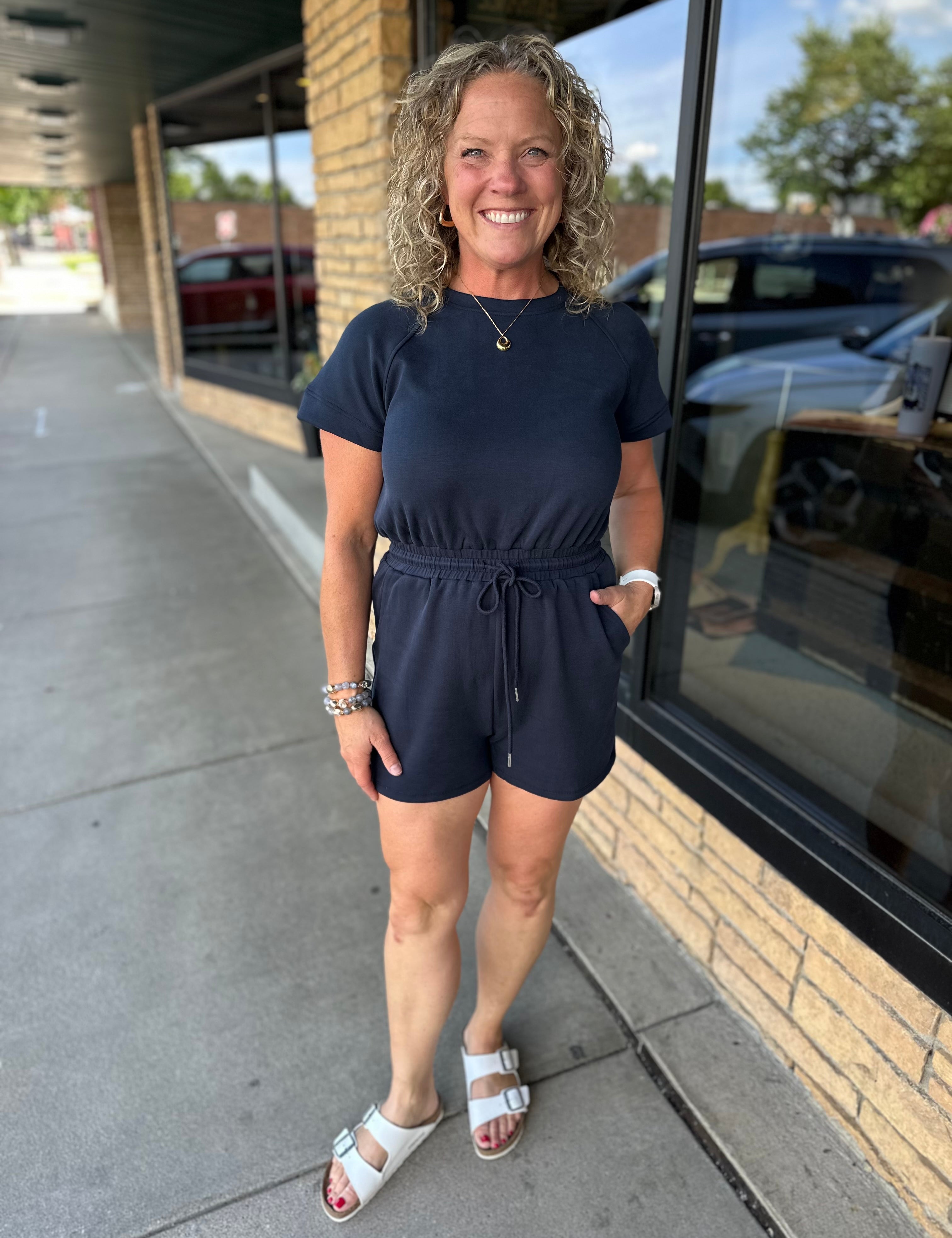 Navy Modal Drawstring Romper Jumpsuit DOE & RAE
