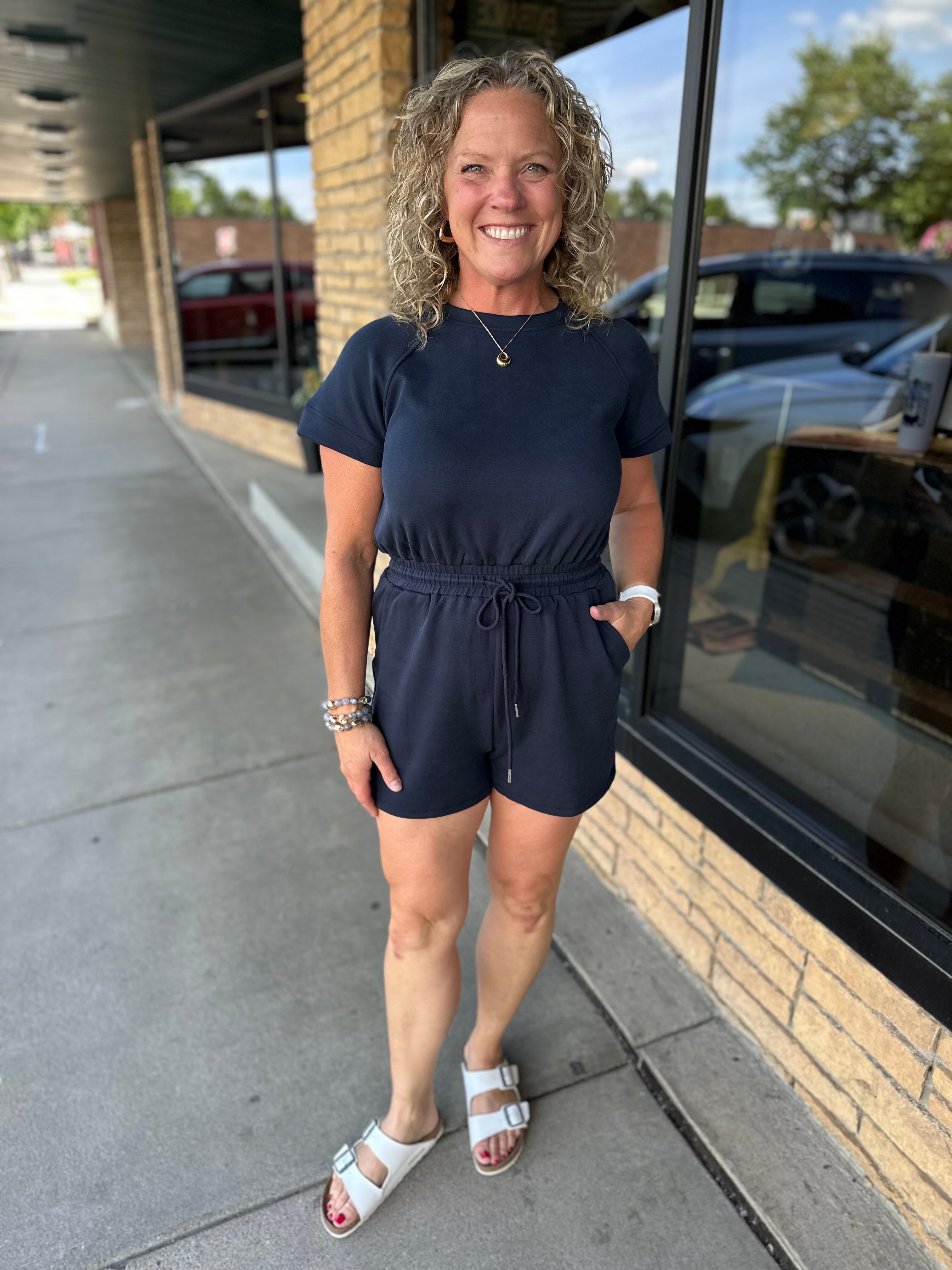 Navy Modal Drawstring Romper Jumpsuit DOE & RAE