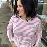 Lt. Pink Blanket Stitch Striped Sweater