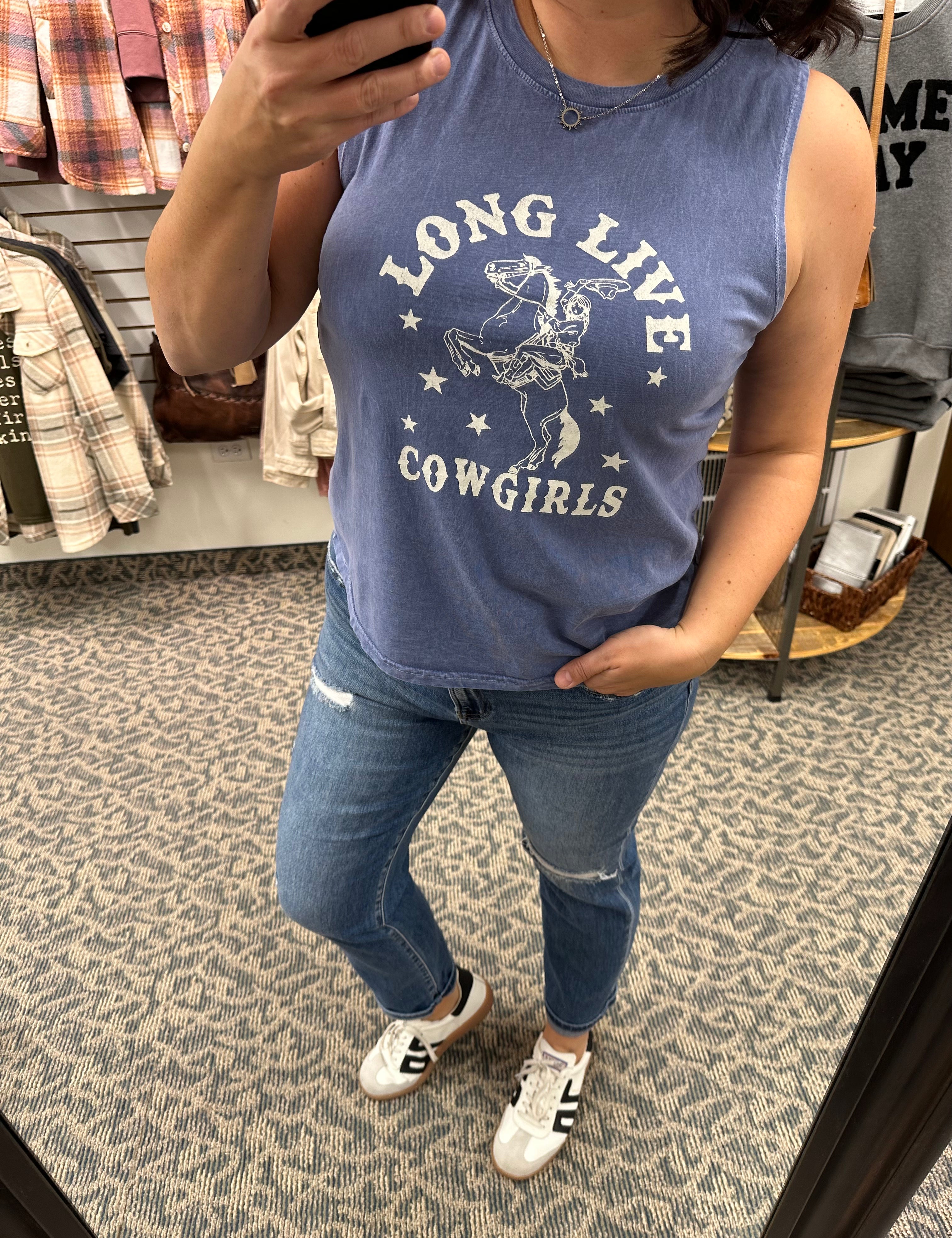 Denim Blue Long Live Cowgirls Tank Tops- Tanks OAT COLLECTIVE