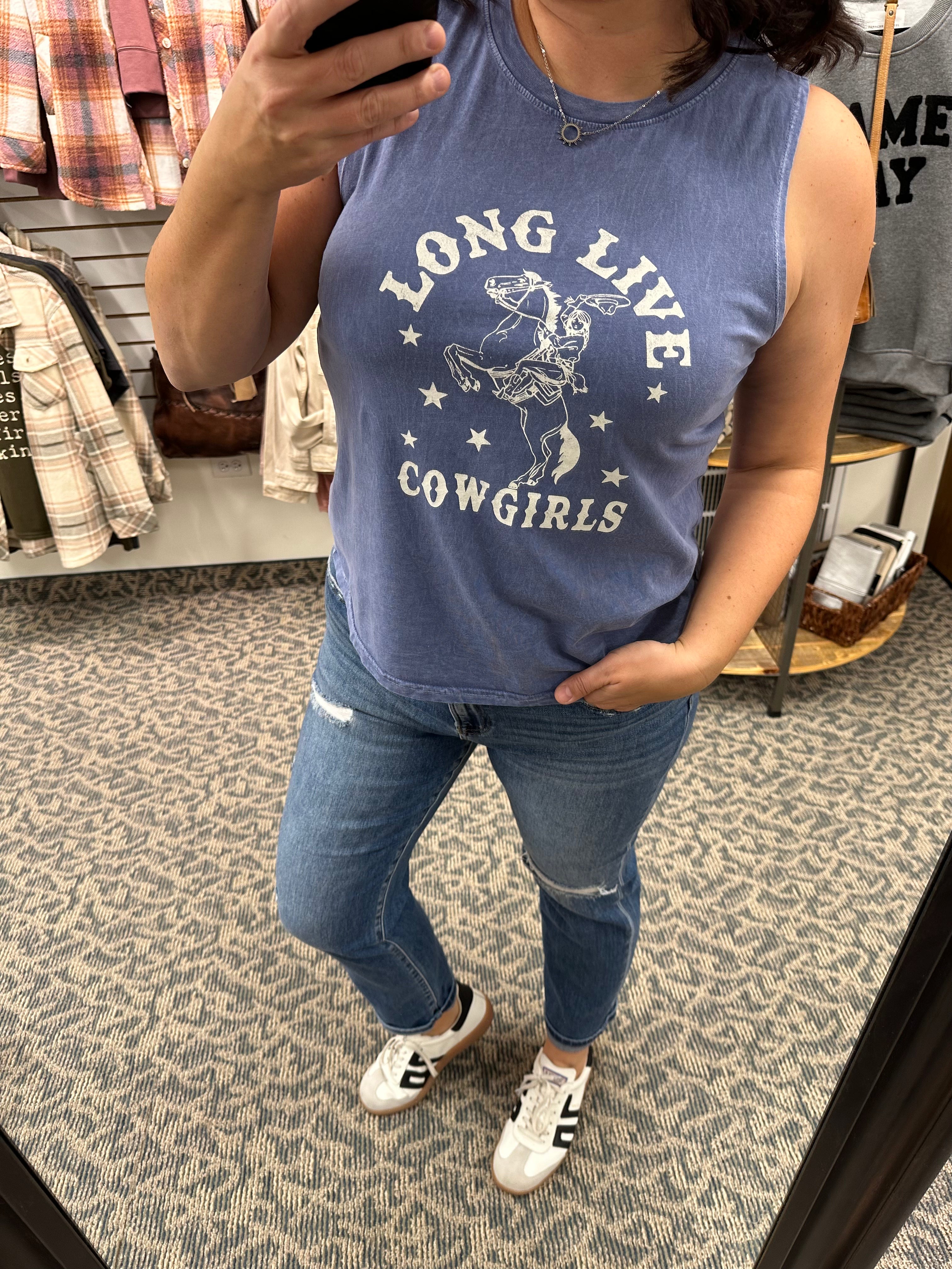 Denim Blue Long Live Cowgirls Tank Tops- Tanks OAT COLLECTIVE