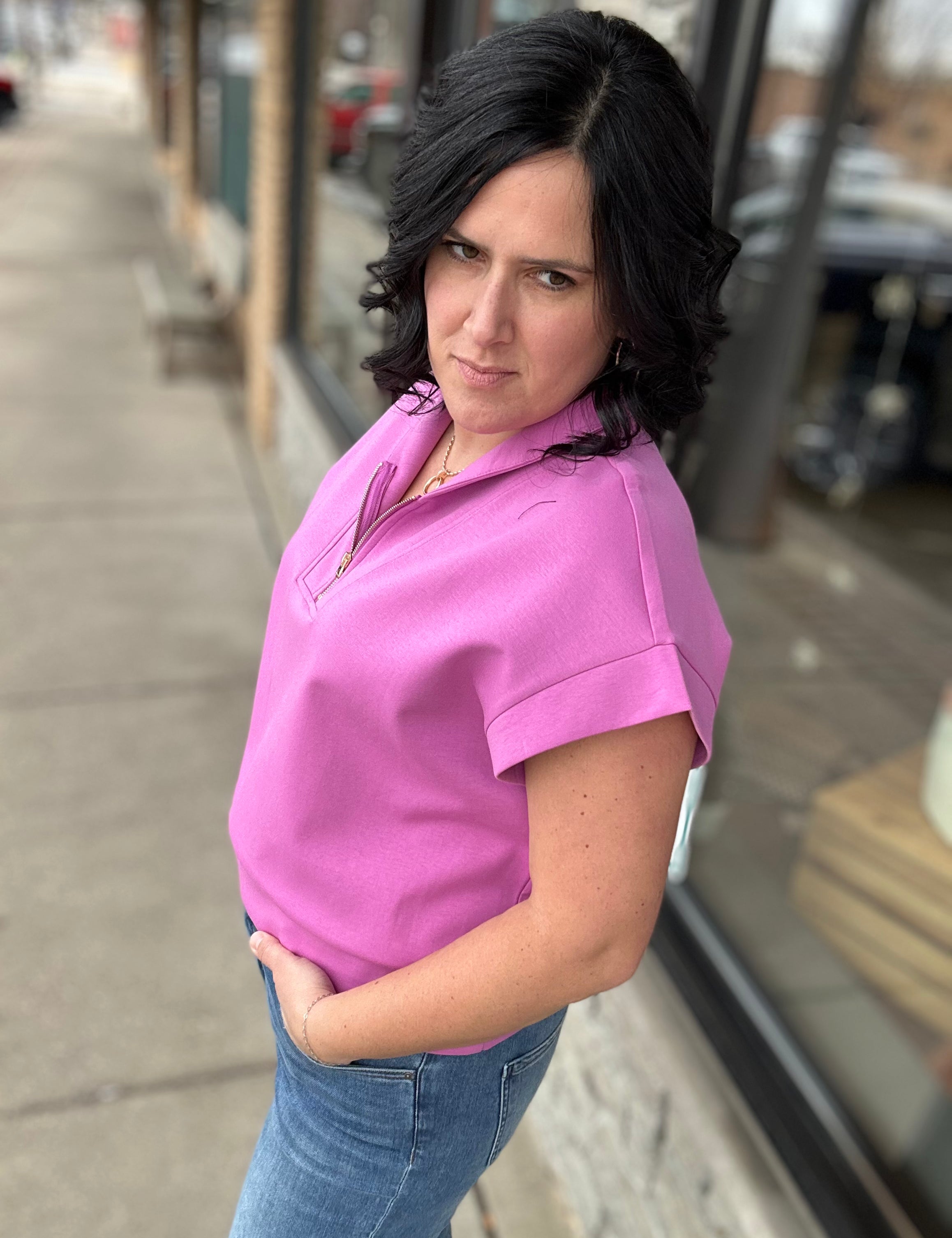 Magenta Short Sleeve Half Zip Scuba Top Top- Sweatshirts BUCKETLIST