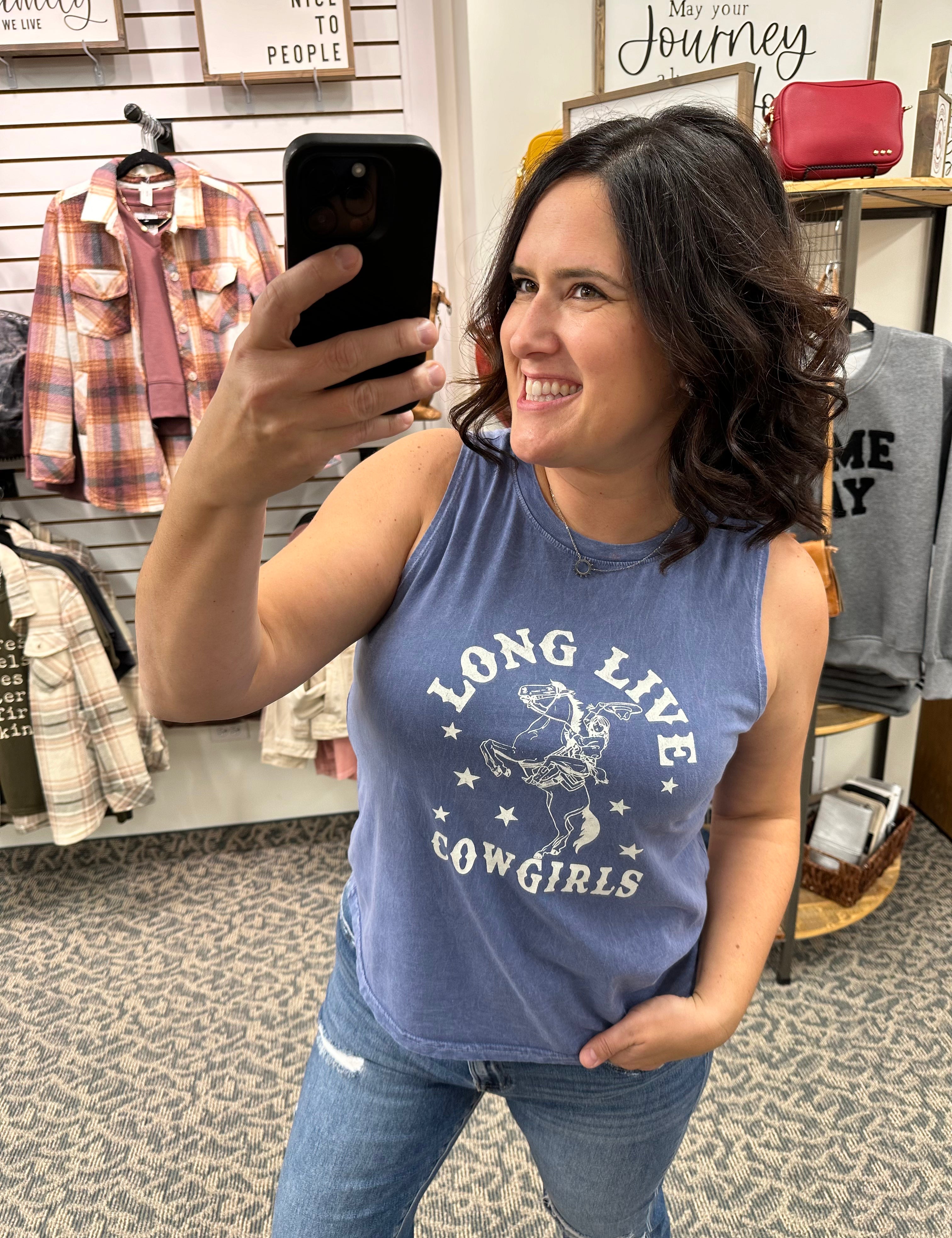 Denim Blue Long Live Cowgirls Tank Tops- Tanks OAT COLLECTIVE